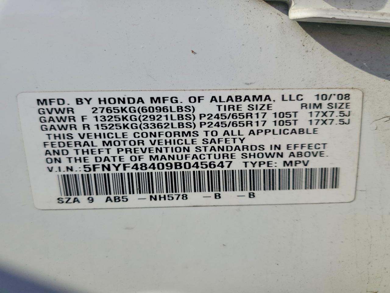 2009 Honda Pilot Ex White vin: 5FNYF48409B045647