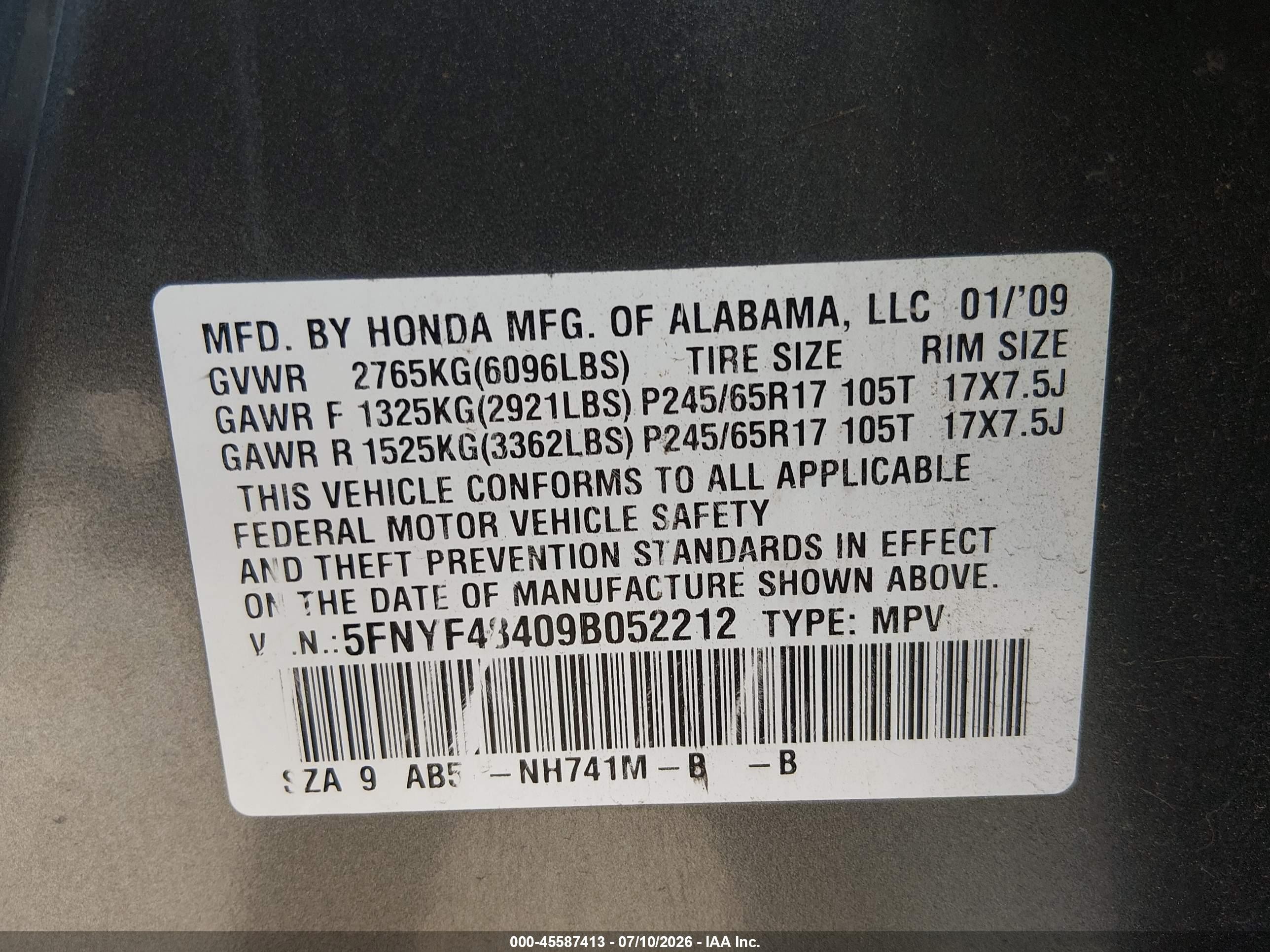 2009 Honda Pilot Ex Gray vin: 5FNYF48409B052212