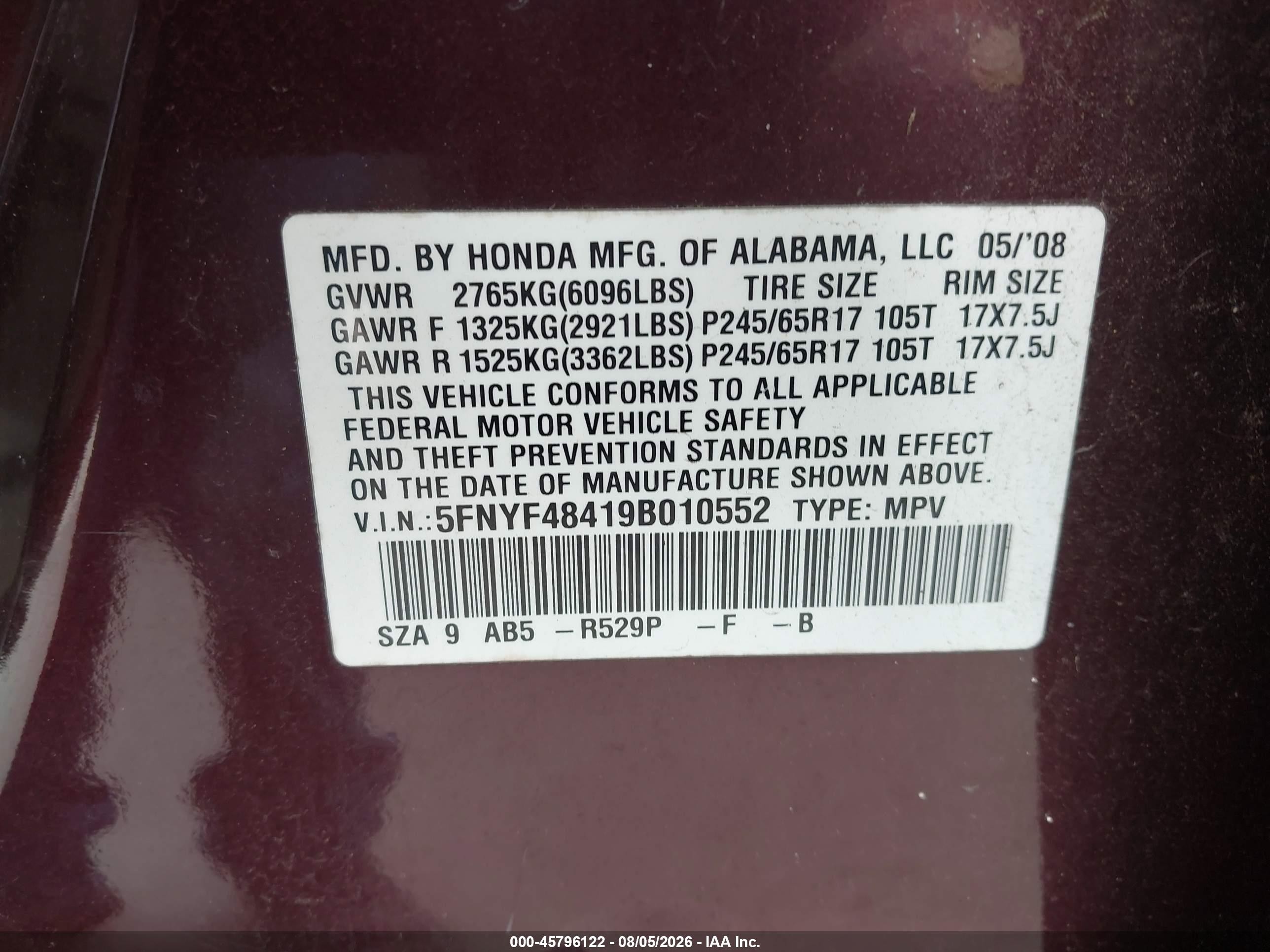 2009 Honda Pilot Ex Темно-бордовый vin: 5FNYF48419B010552