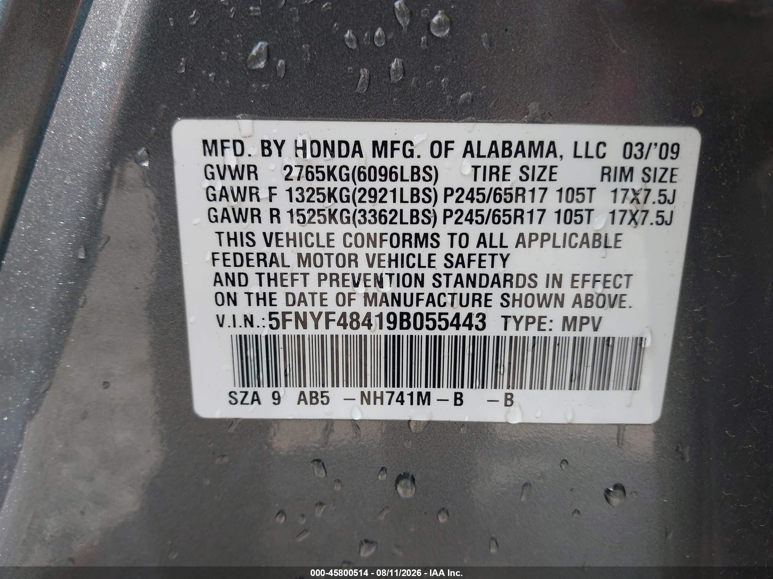 2009 Honda Pilot Ex Gray vin: 5FNYF48419B055443