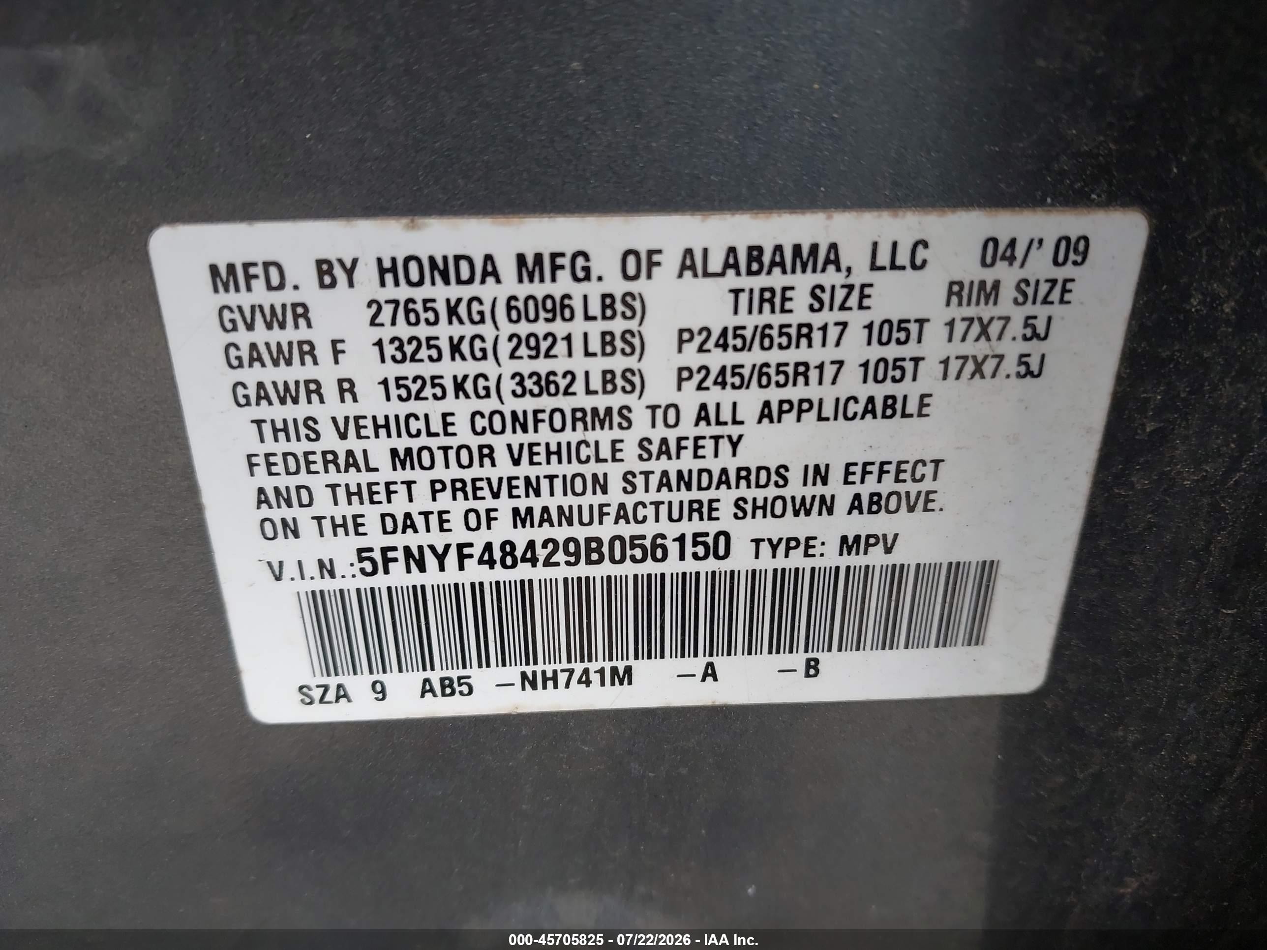 2009 Honda Pilot Ex Gray vin: 5FNYF48429B056150