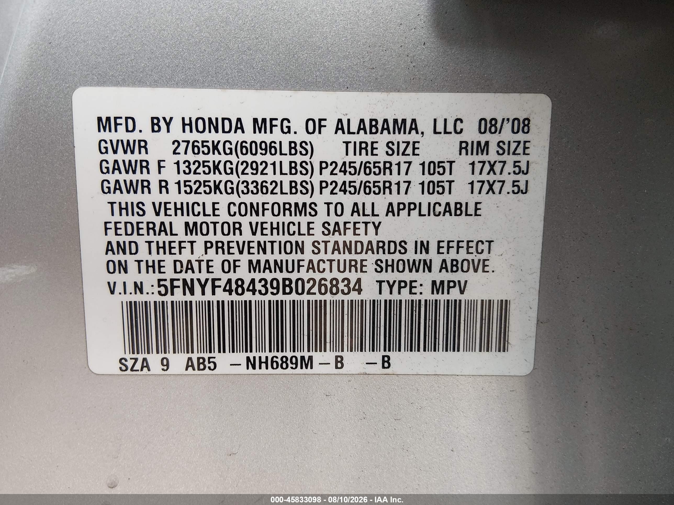 2009 Honda Pilot Ex Silver vin: 5FNYF48439B026834