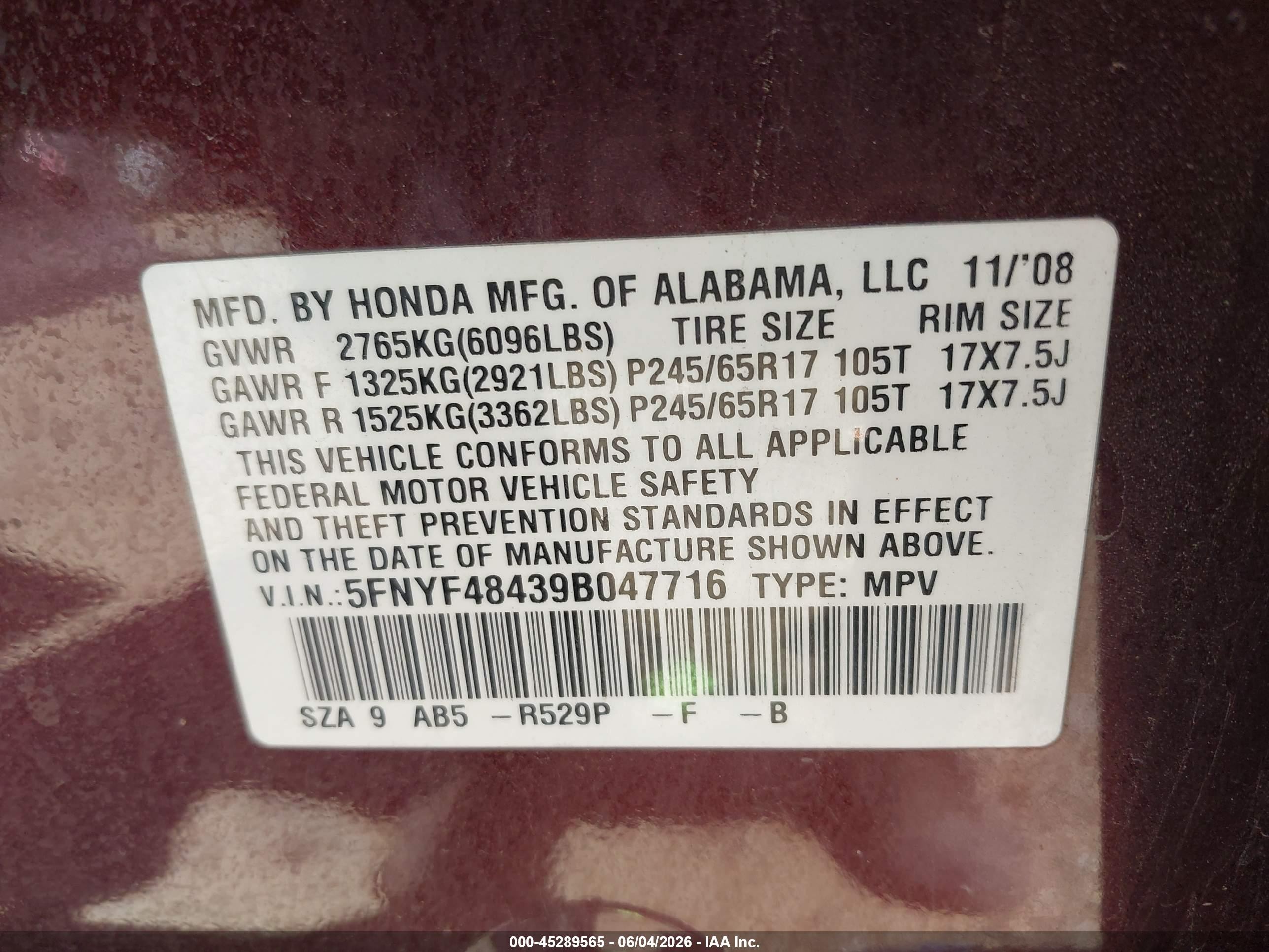 2009 Honda Pilot Ex Purple vin: 5FNYF48439B047716