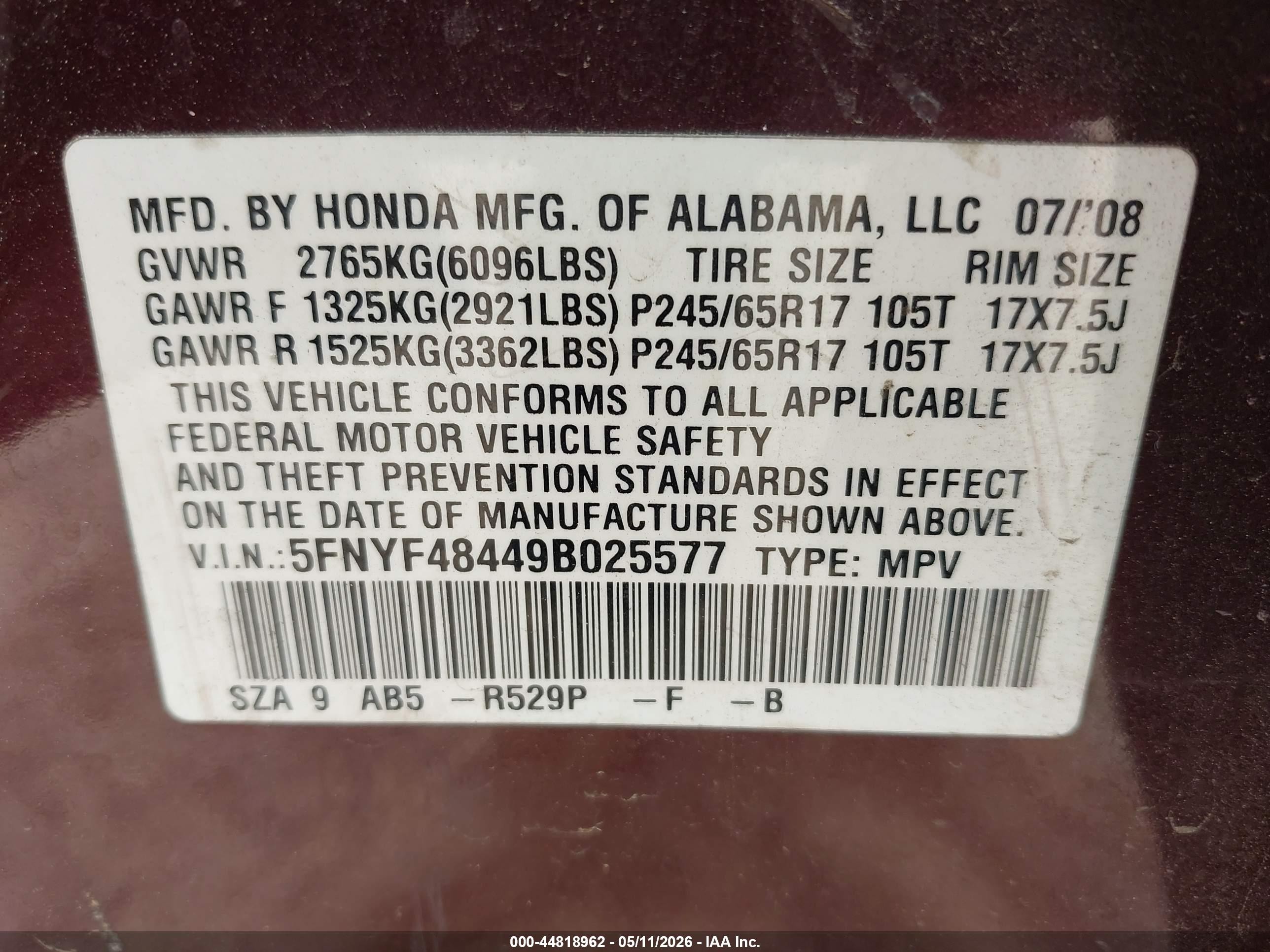 2009 Honda Pilot Ex Бордовый vin: 5FNYF48449B025577