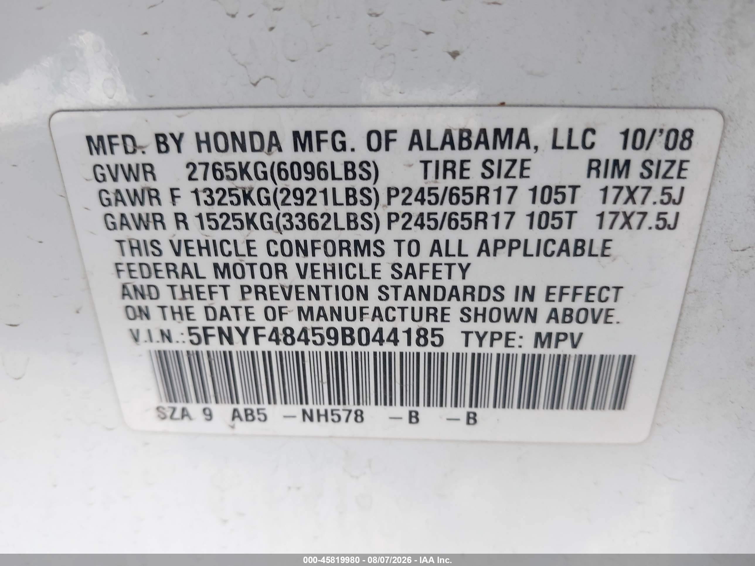 2009 Honda Pilot Ex White vin: 5FNYF48459B044185