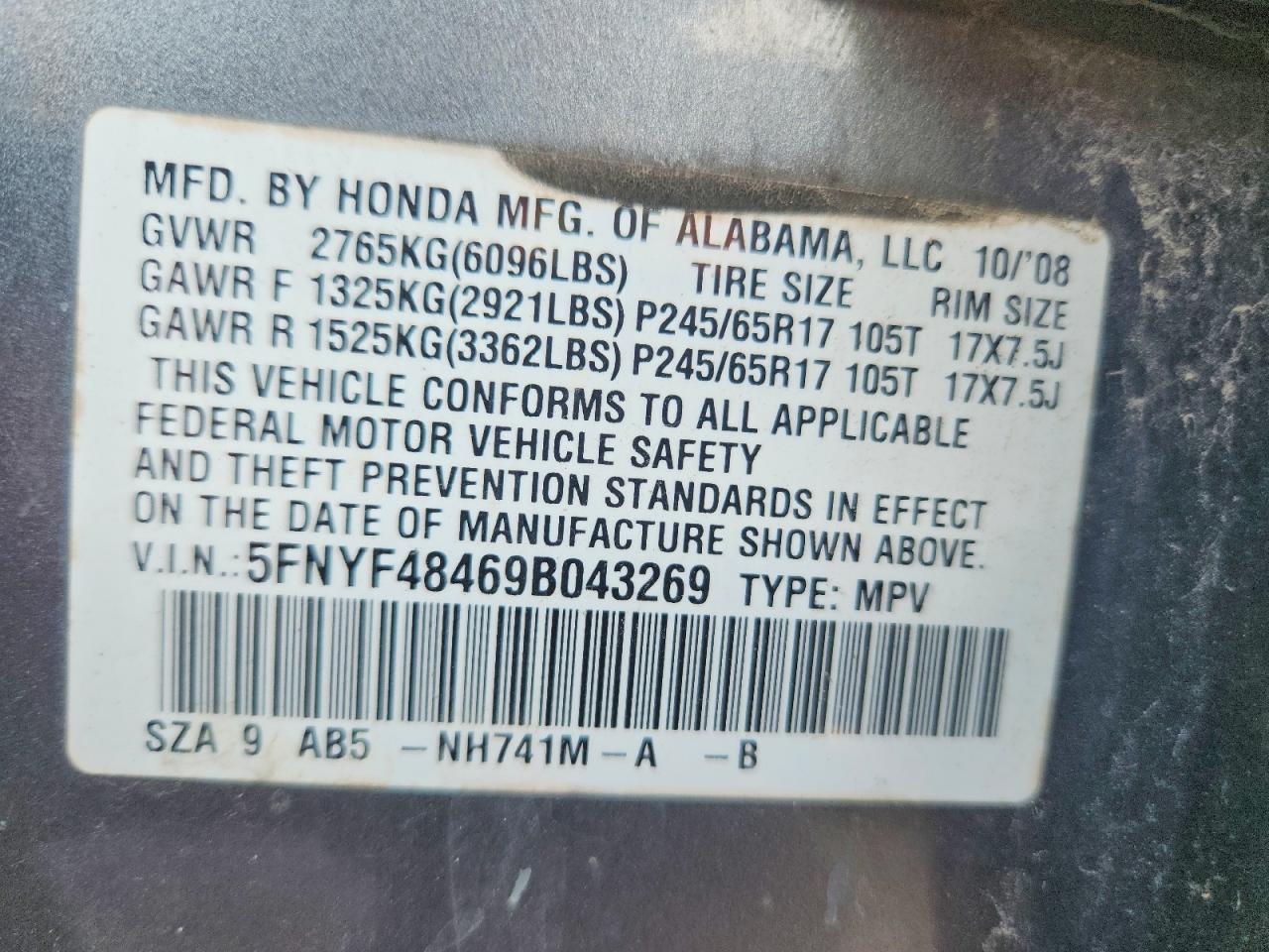 2009 Honda Pilot Ex Gray vin: 5FNYF48469B043269