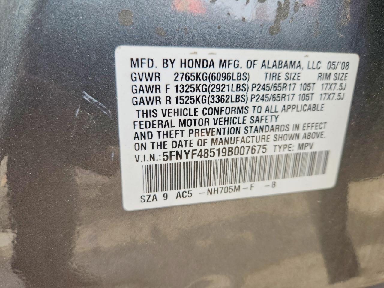 2009 Honda Pilot Exl Серый vin: 5FNYF48519B007675