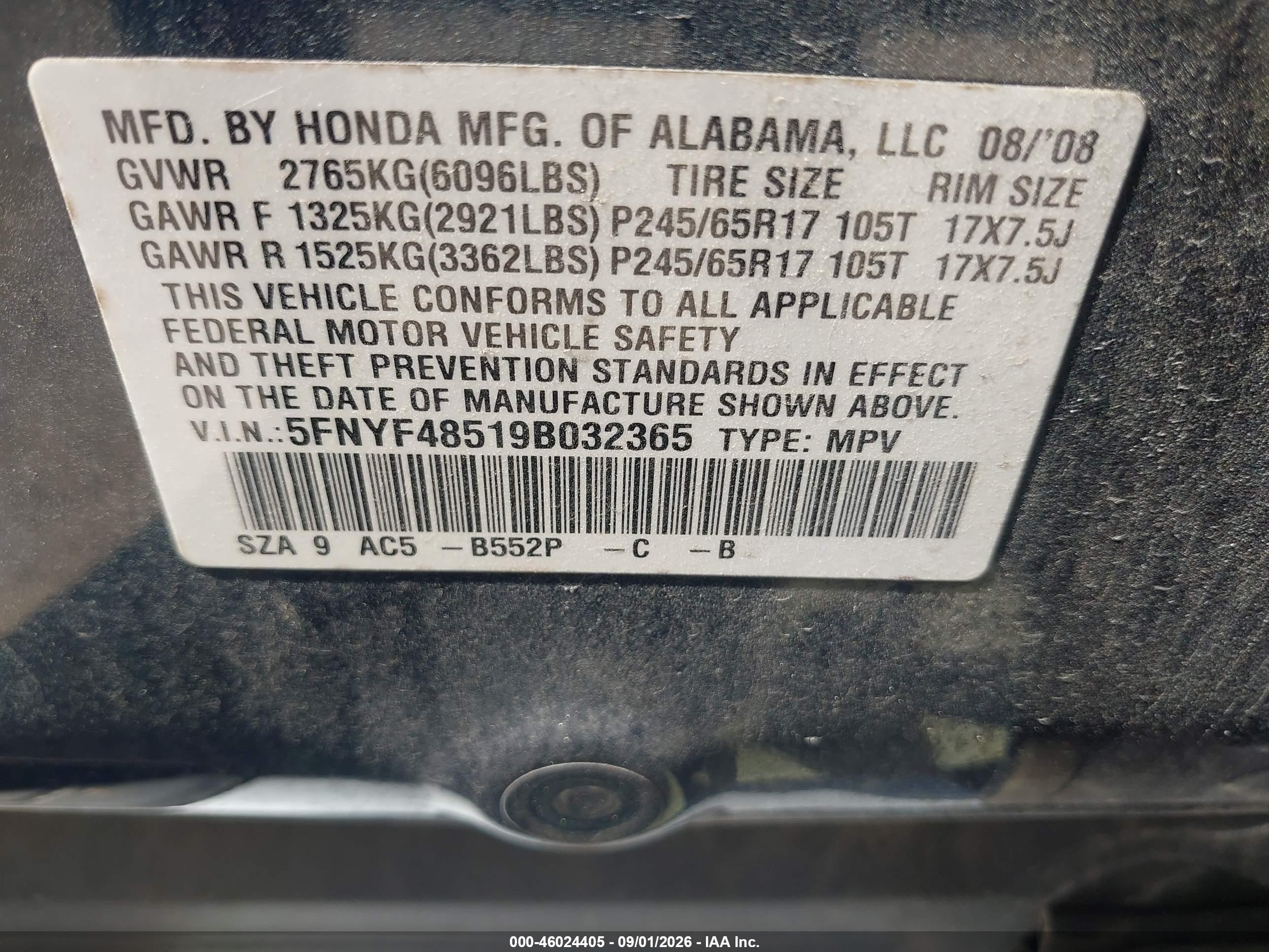 2009 Honda Pilot Ex-l Blue vin: 5FNYF48519B032365