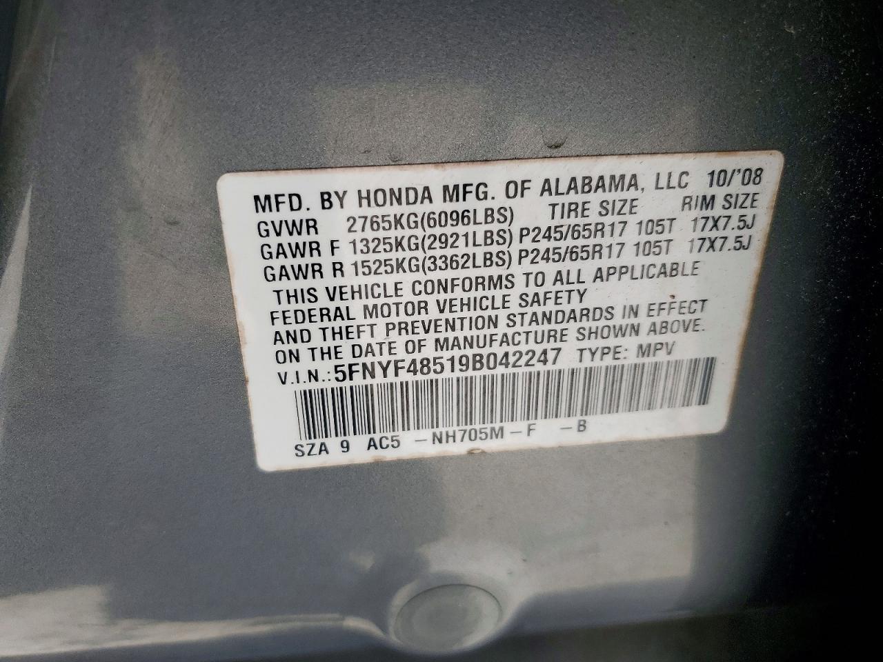 2009 Honda Pilot Exl Gray vin: 5FNYF48519B042247