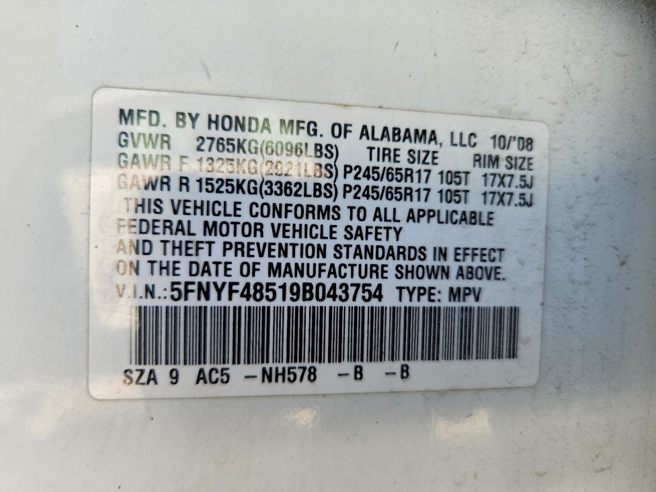 2009 Honda Pilot Белый vin: 5FNYF48519B043754