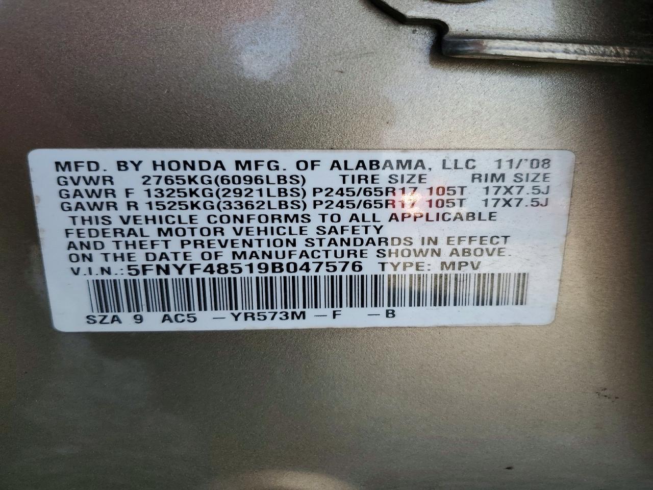2009 Honda Pilot Exl Золотой vin: 5FNYF48519B047576