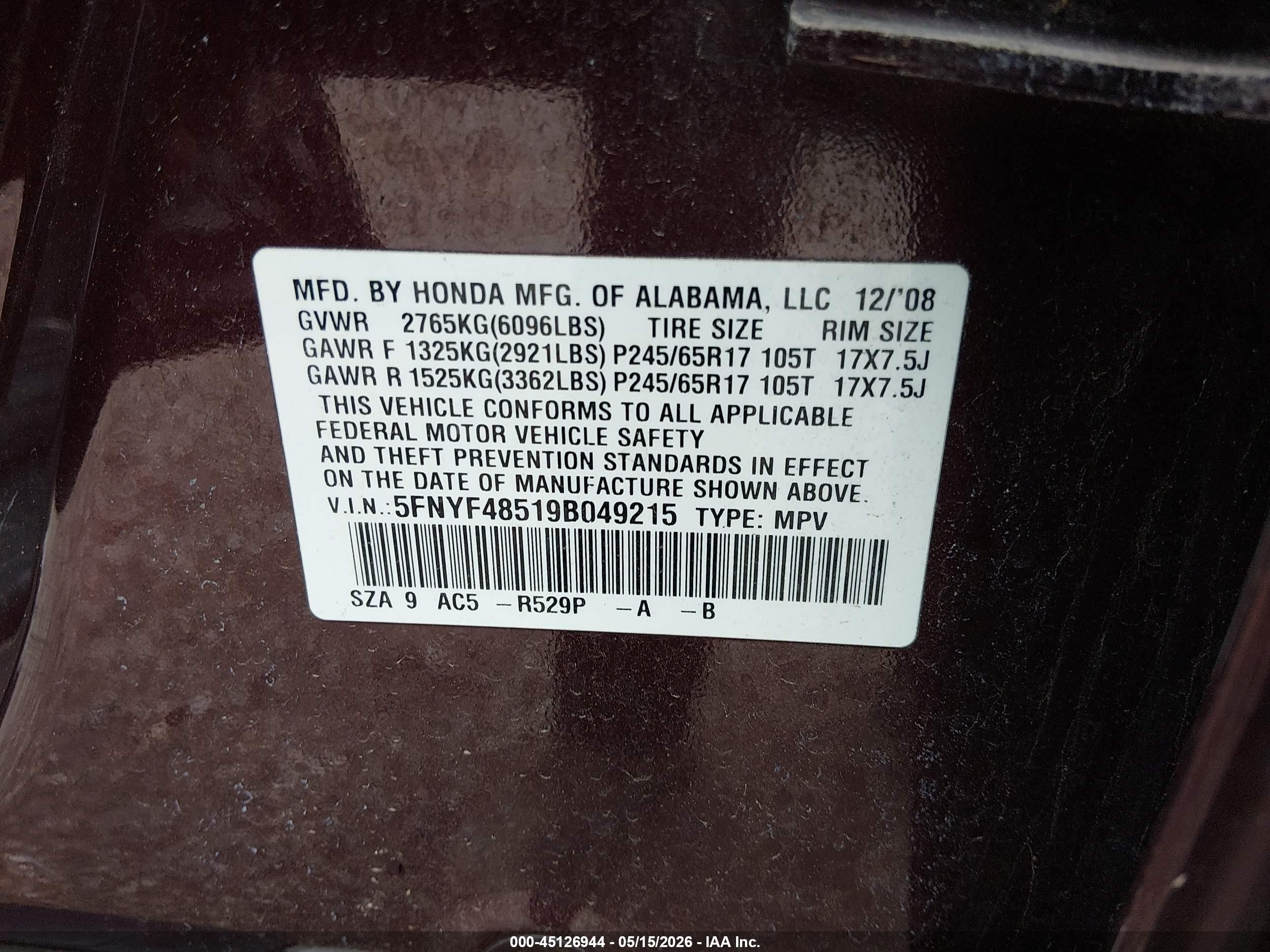2009 Honda Pilot Ex-l Purple vin: 5FNYF48519B049215