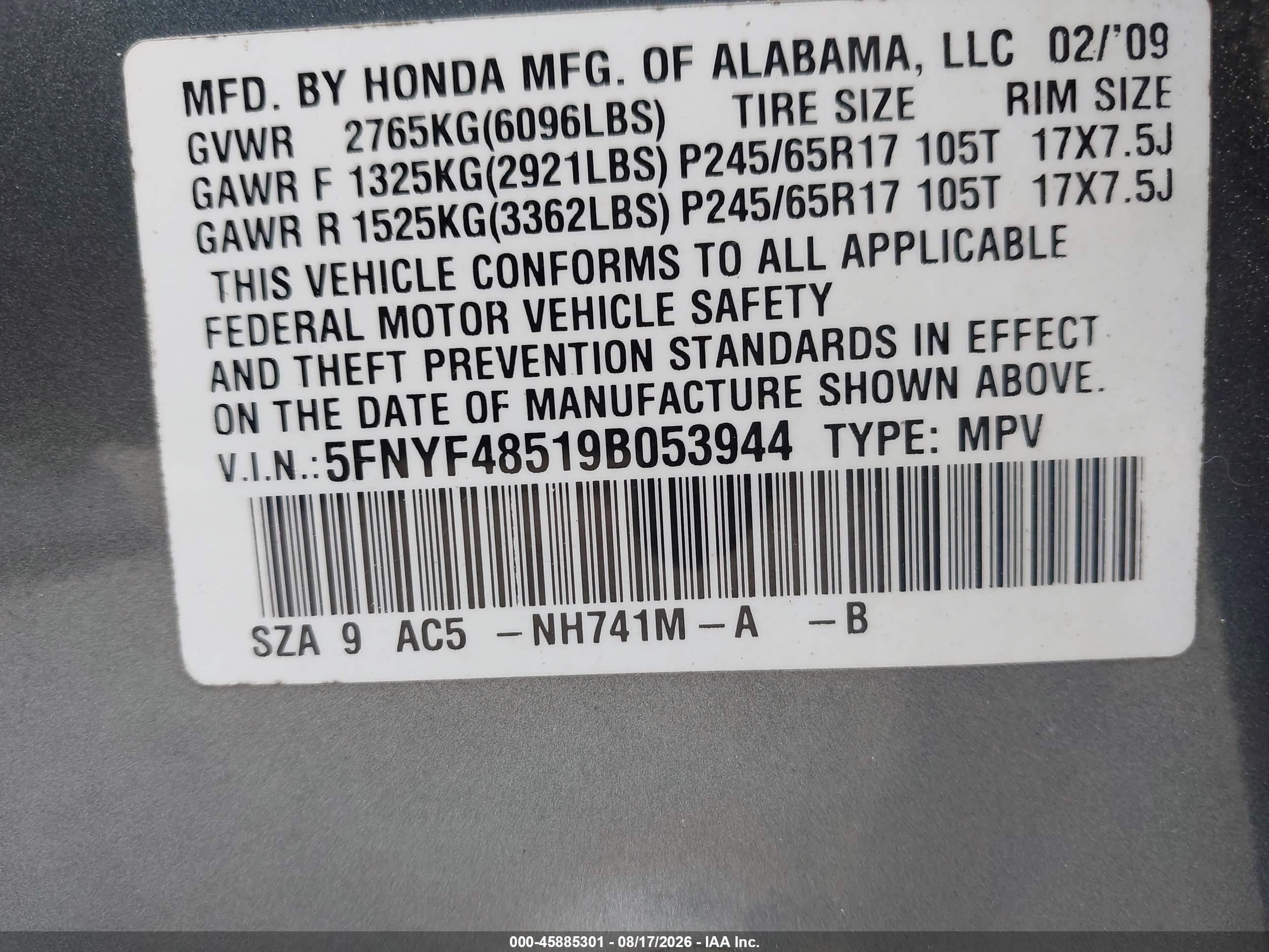2009 Honda Pilot Ex-l Gray vin: 5FNYF48519B053944