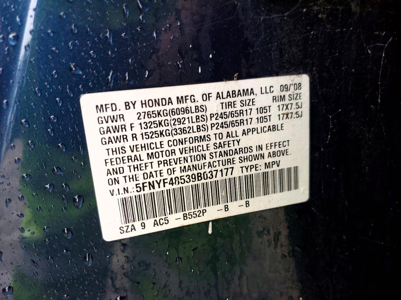 2009 Honda Pilot Exl Blue vin: 5FNYF48539B037177