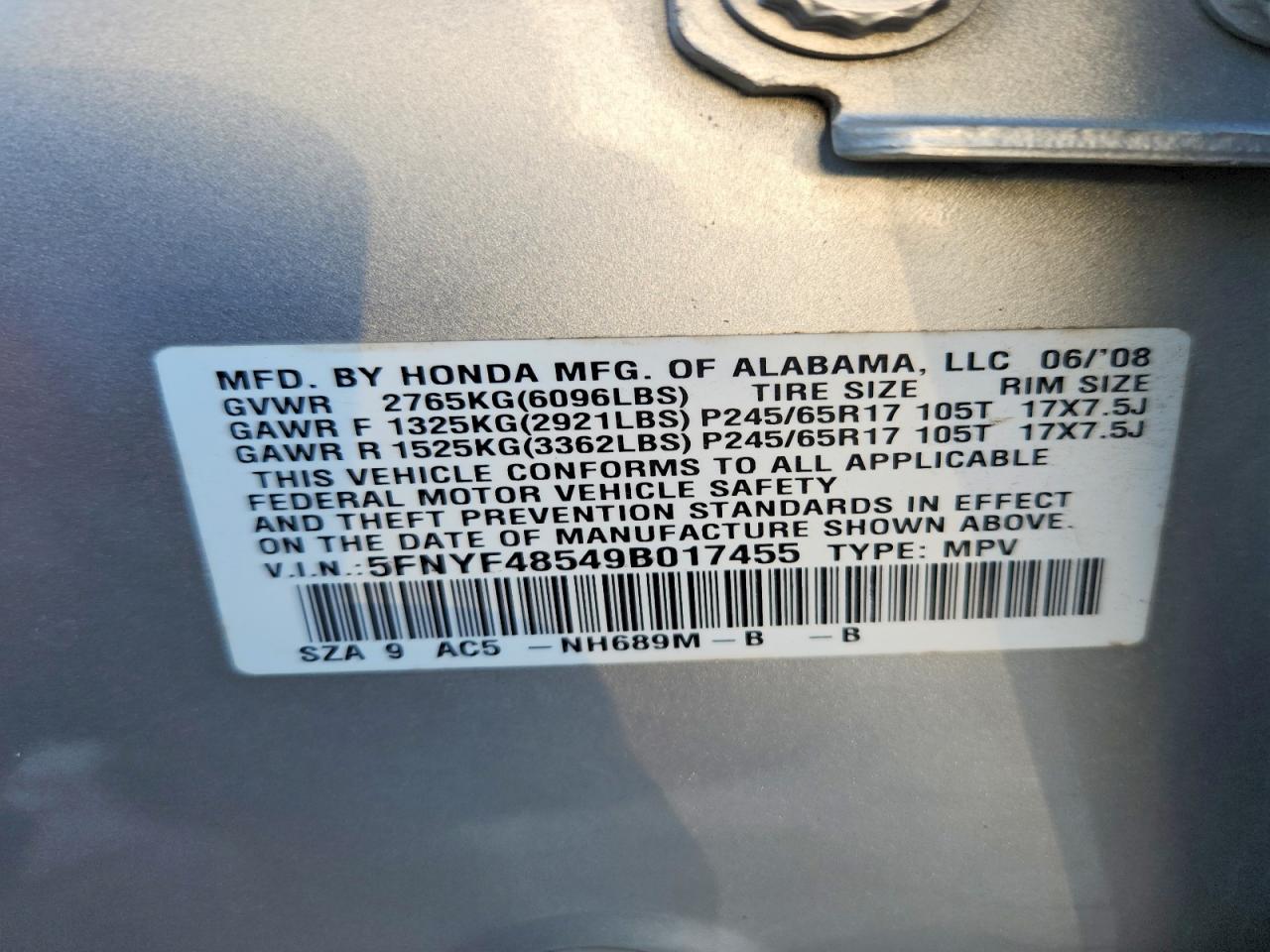 2009 Honda Pilot Exl Silver vin: 5FNYF48549B017455