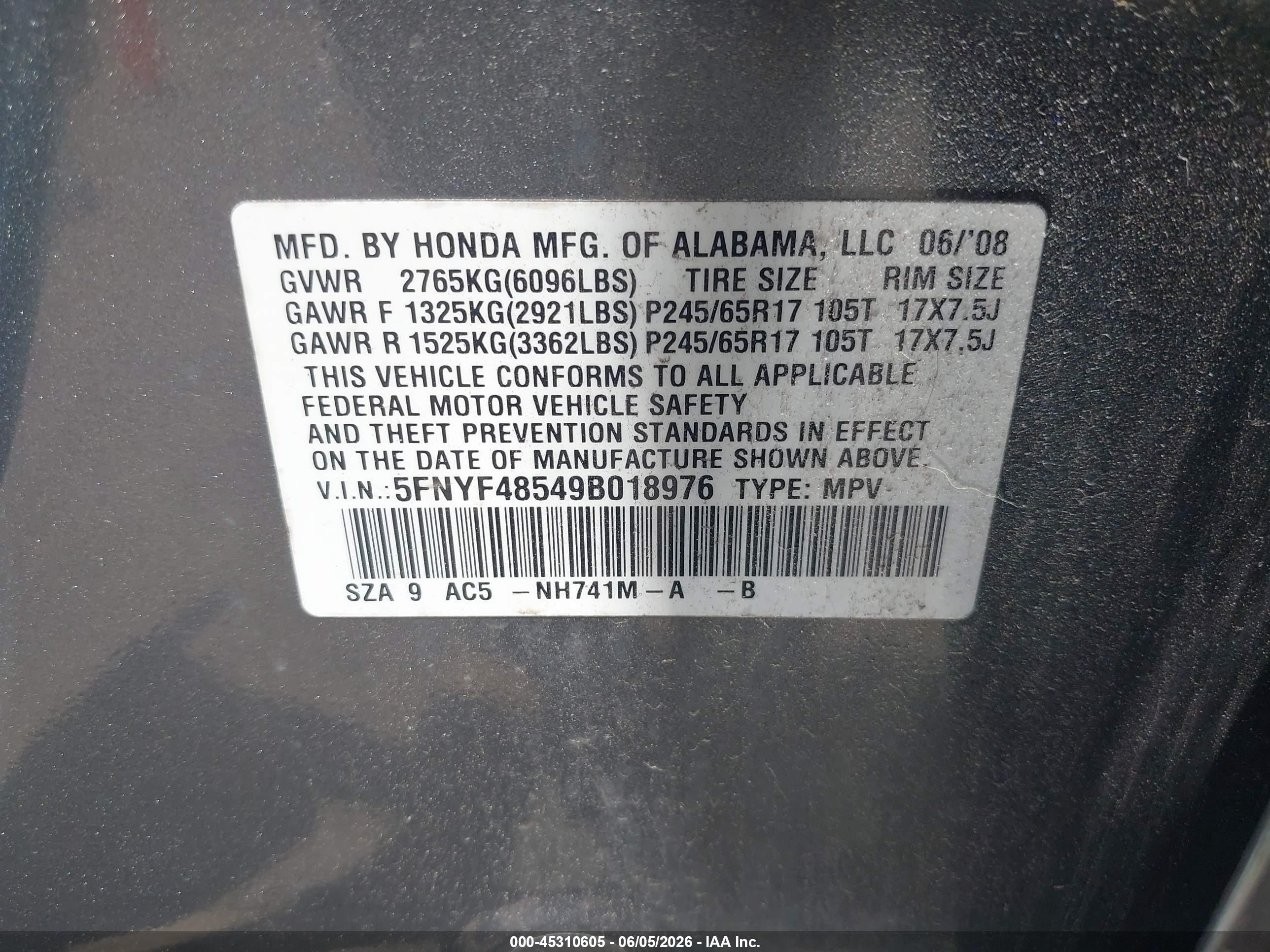 2009 Honda Pilot Ex-l Gray vin: 5FNYF48549B018976
