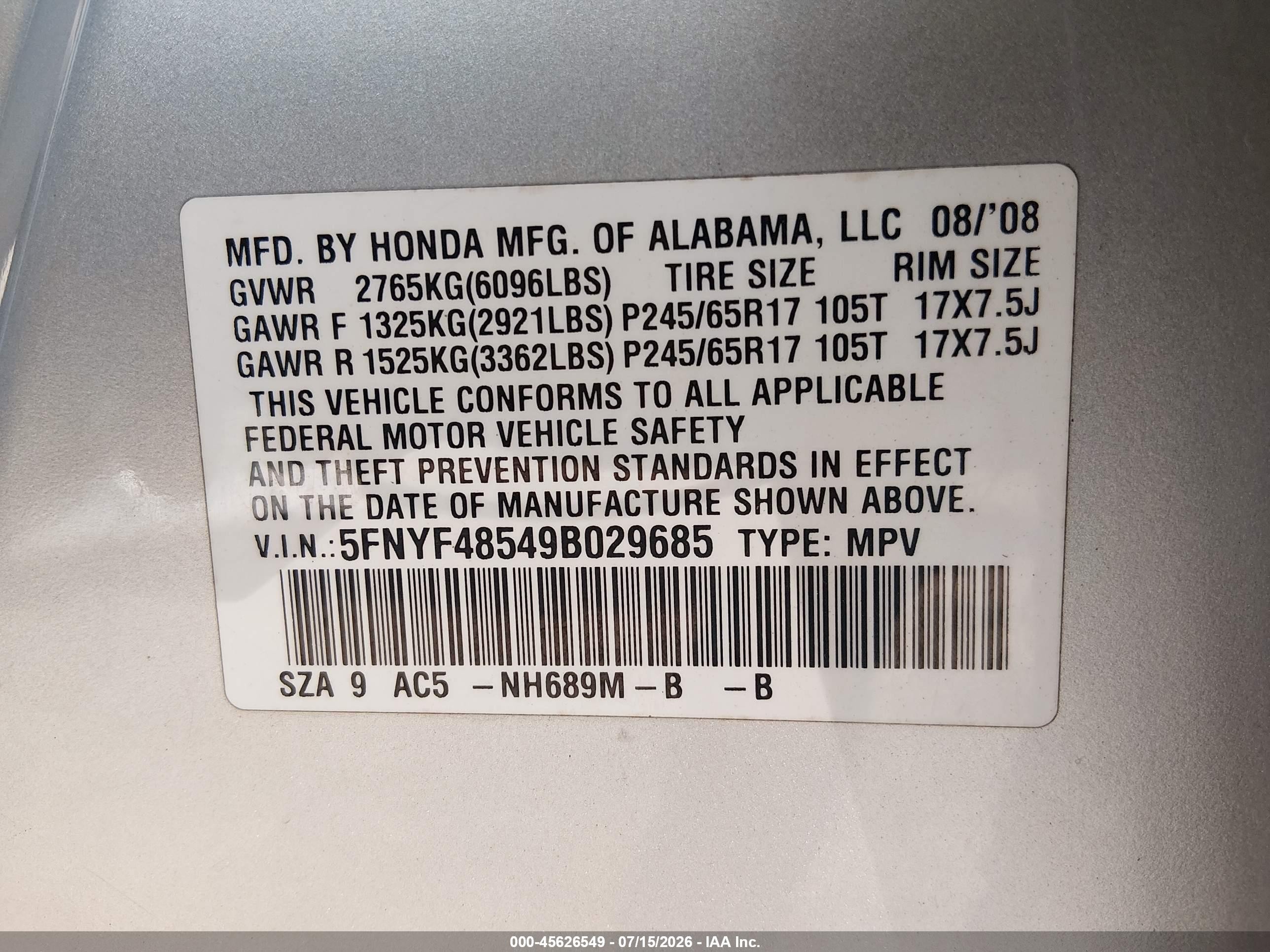 2009 Honda Pilot Ex-l Silver vin: 5FNYF48549B029685