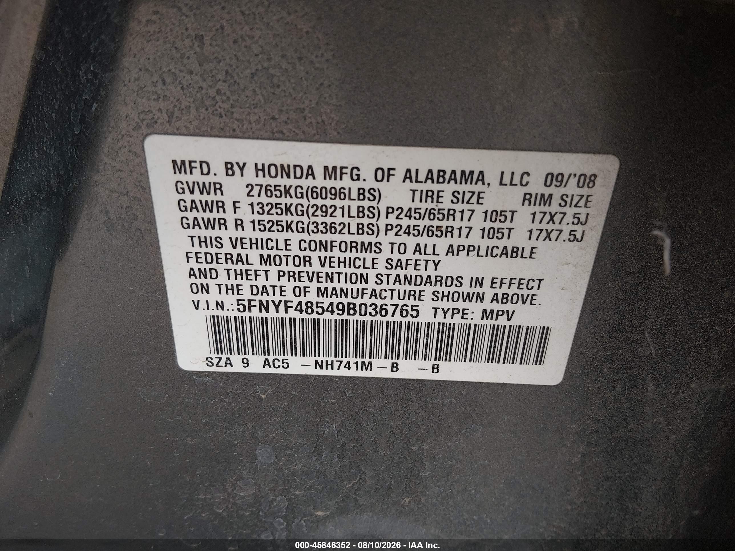 2009 Honda Pilot Ex-l Gray vin: 5FNYF48549B036765