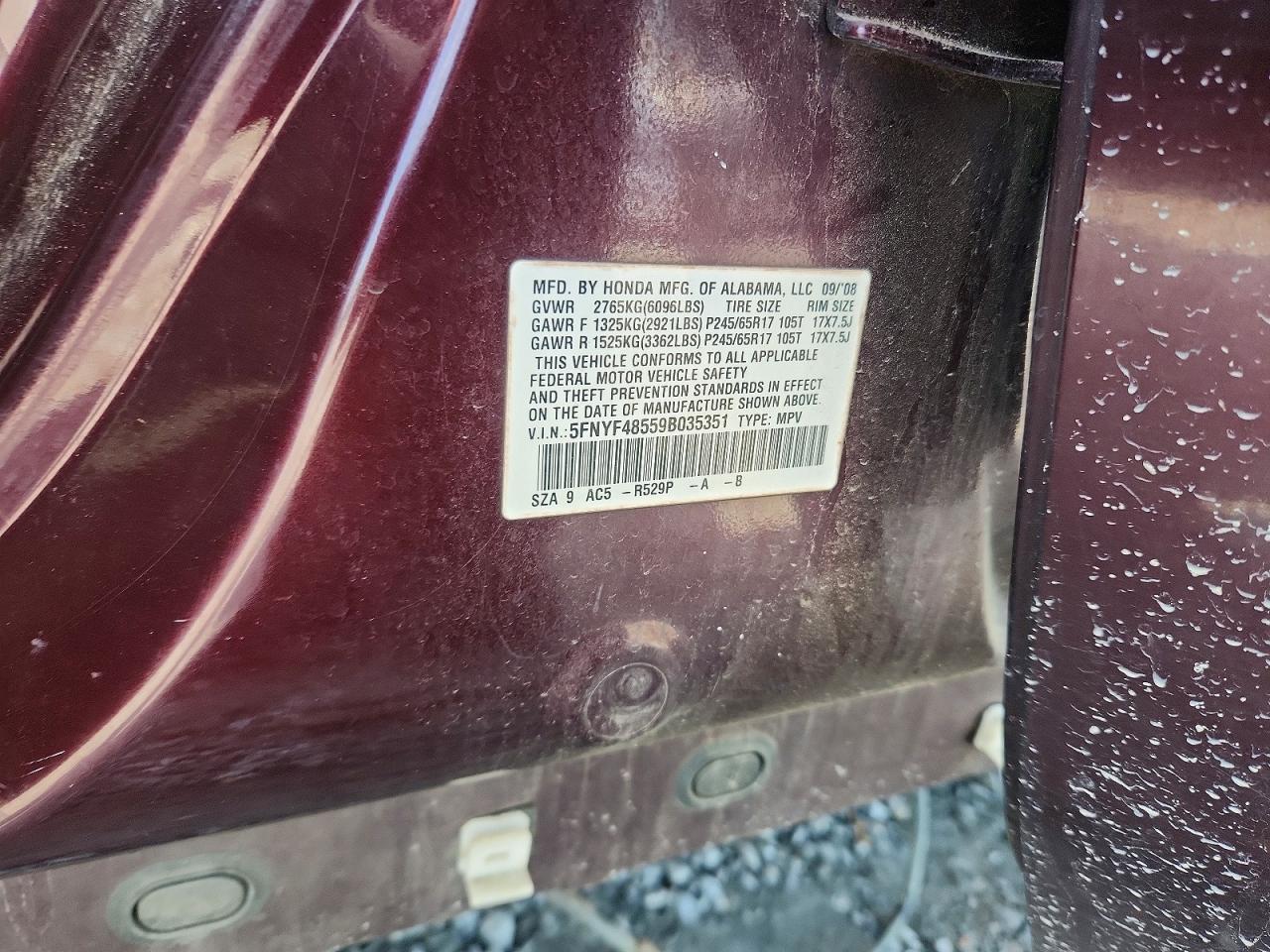 2009 Honda Pilot Exl Maroon vin: 5FNYF48559B035351