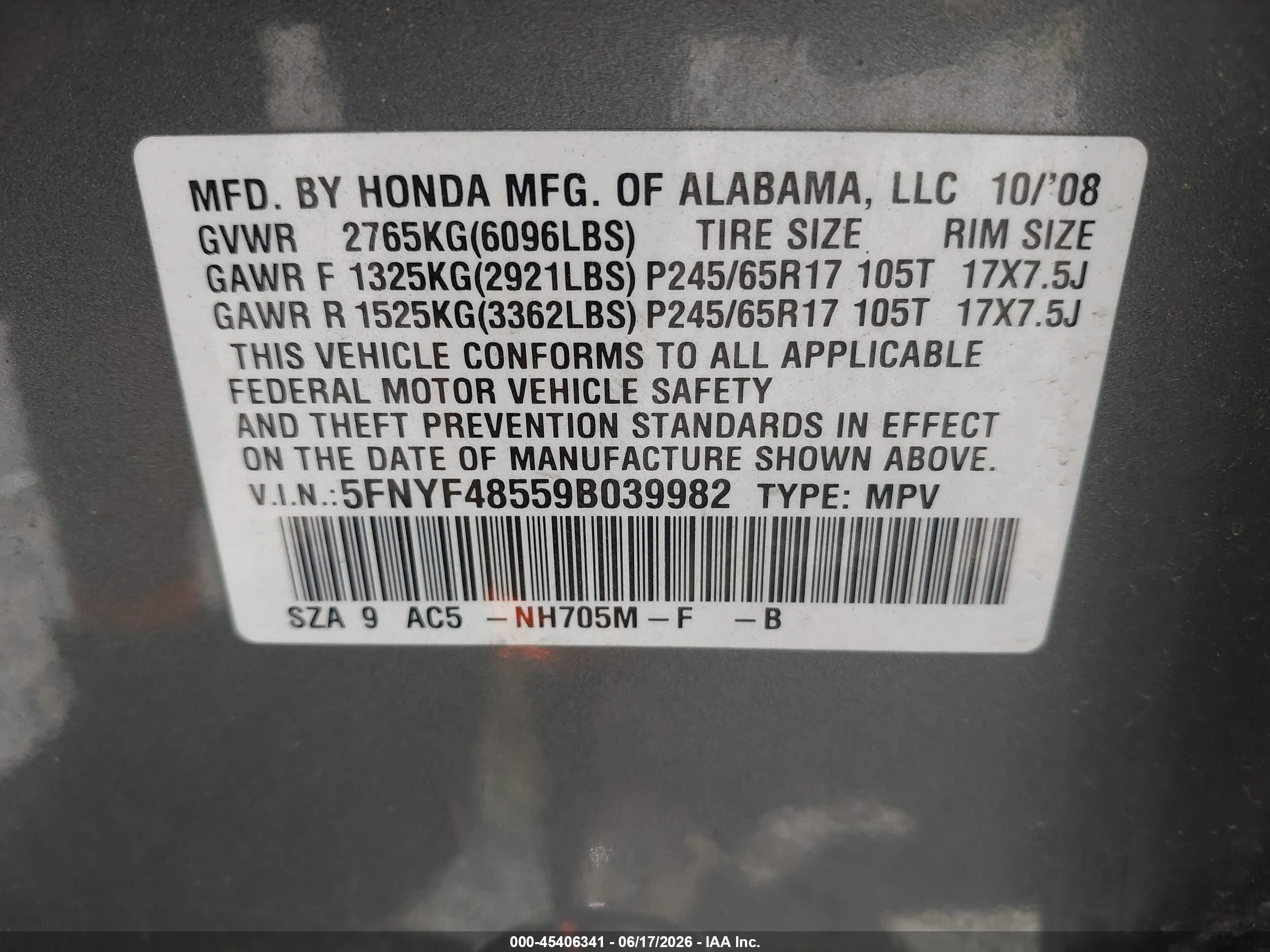 2009 Honda Pilot Ex-l Gray vin: 5FNYF48559B039982