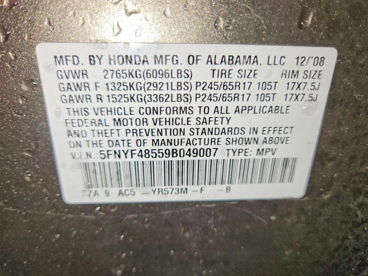 2009 Honda Pilot Exl Gray vin: 5FNYF48559B049007