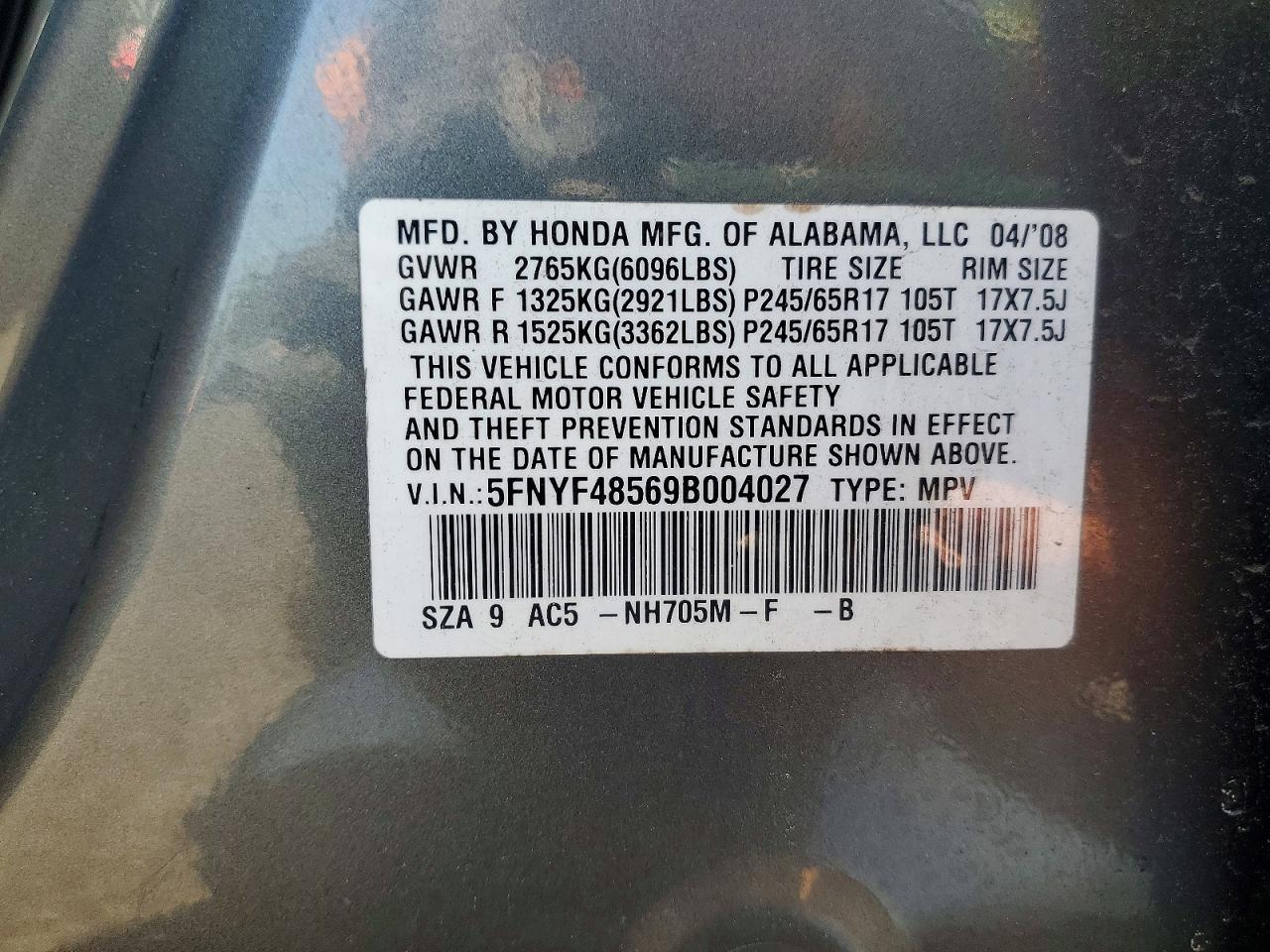 2009 Honda Pilot Exl Gray vin: 5FNYF48569B004027