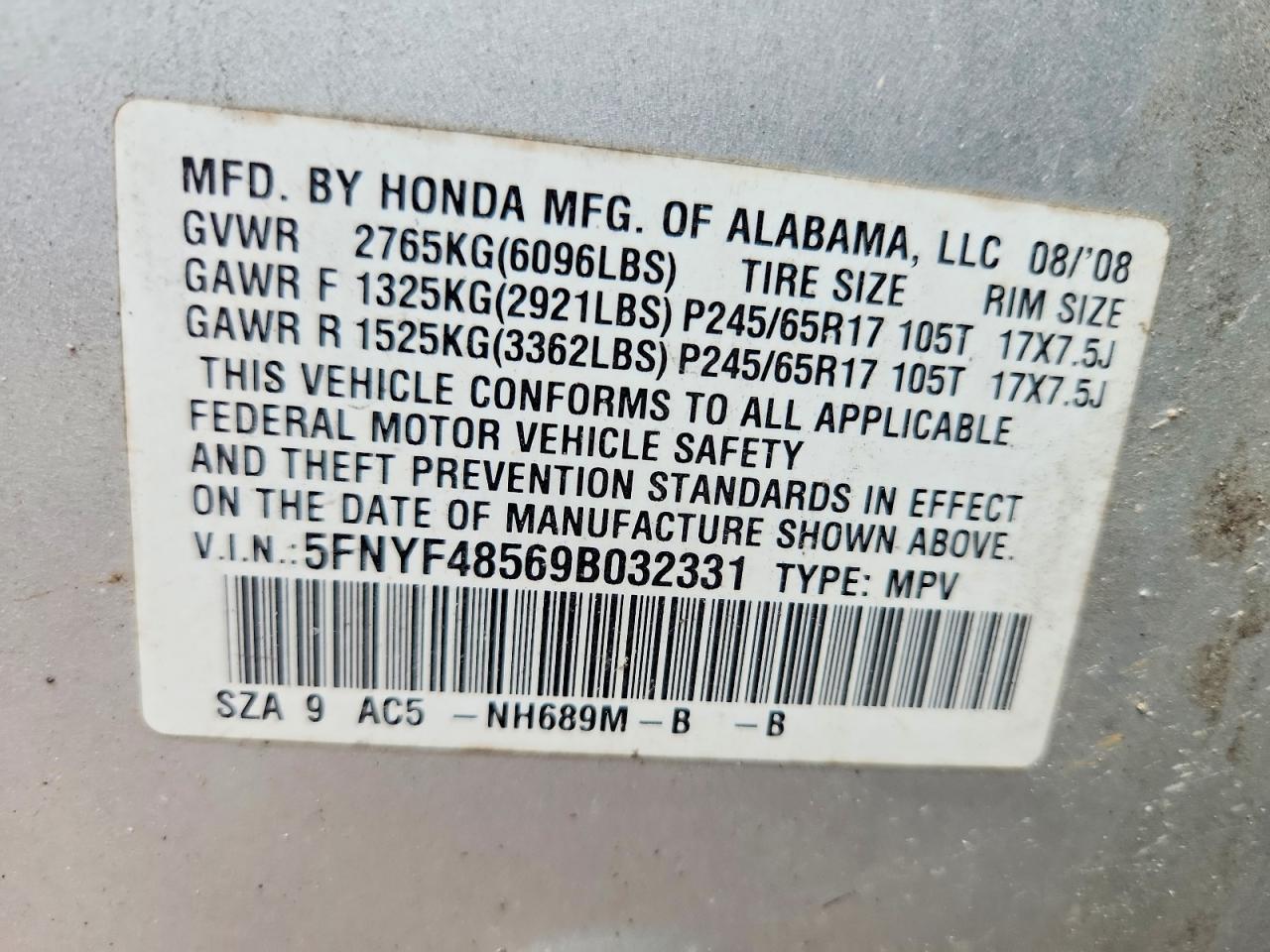 2009 Honda Pilot Exl Silver vin: 5FNYF48569B032331