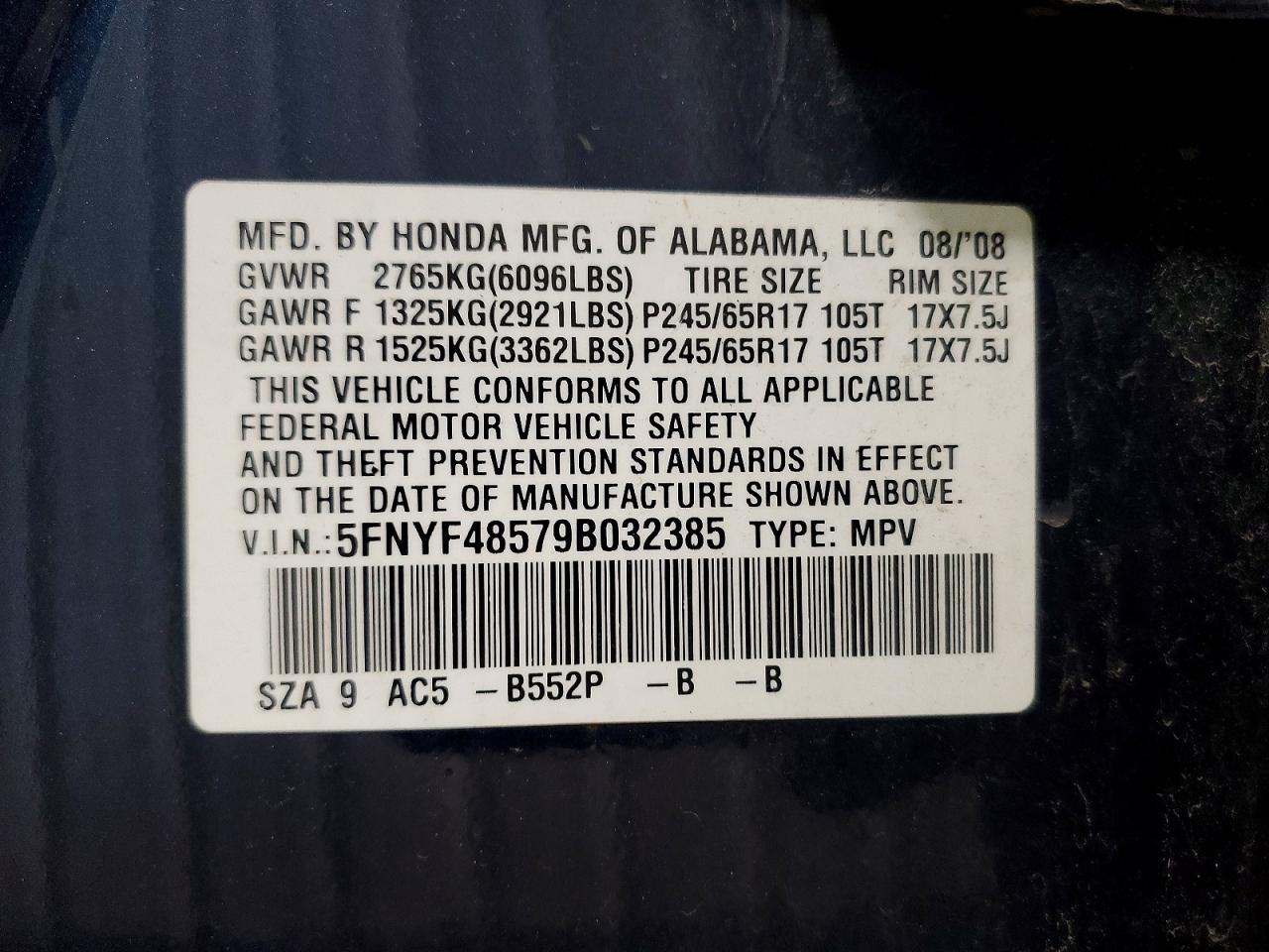 2009 Honda Pilot Exl Blue vin: 5FNYF48579B032385