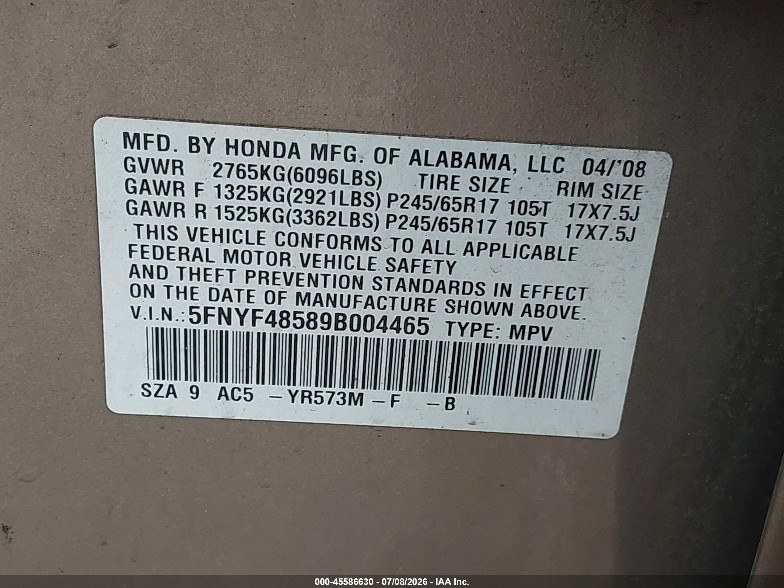 2009 Honda Pilot Ex-l Brown vin: 5FNYF48589B004465