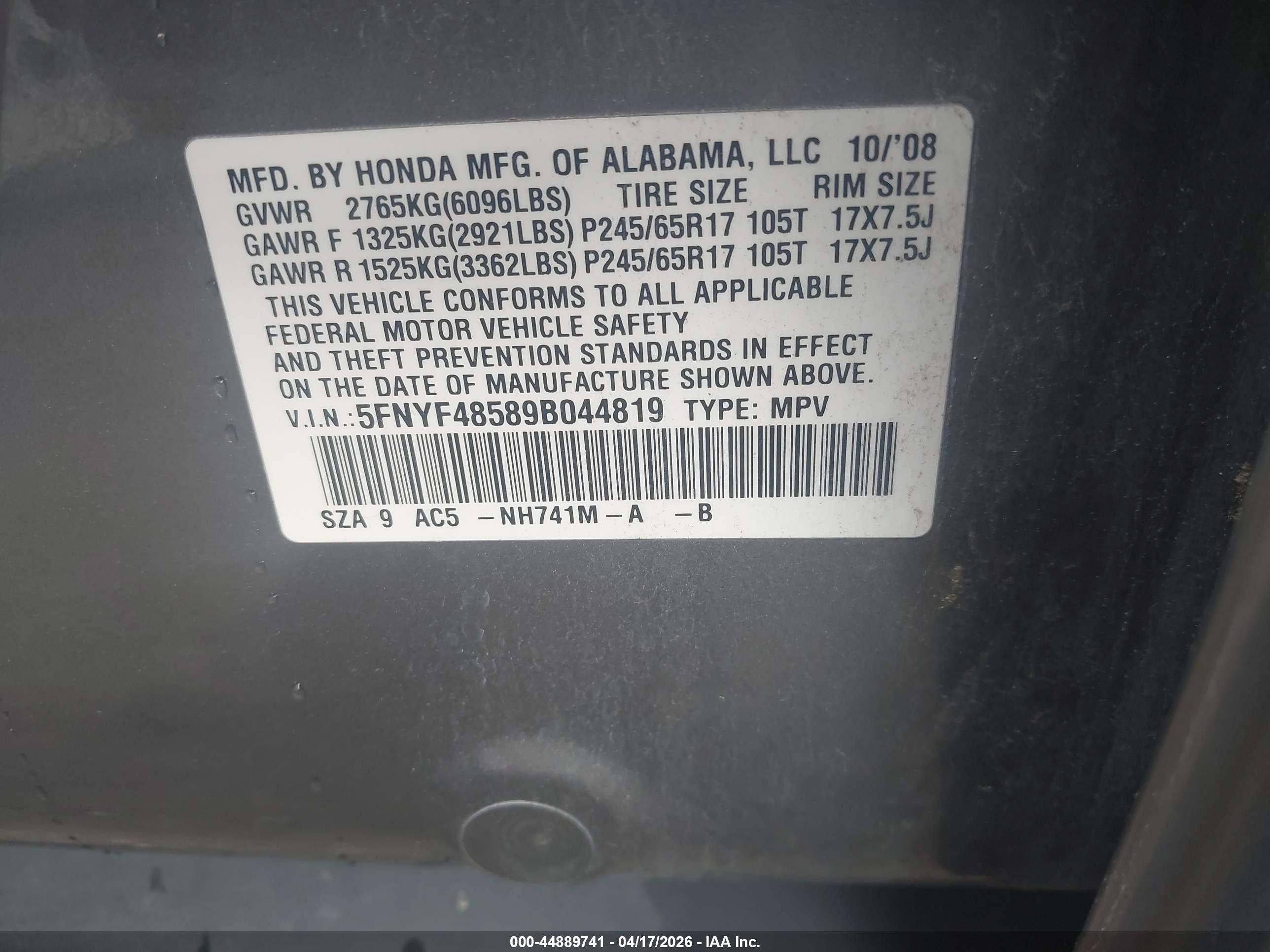 2009 Honda Pilot Ex-l Gray vin: 5FNYF48589B044819