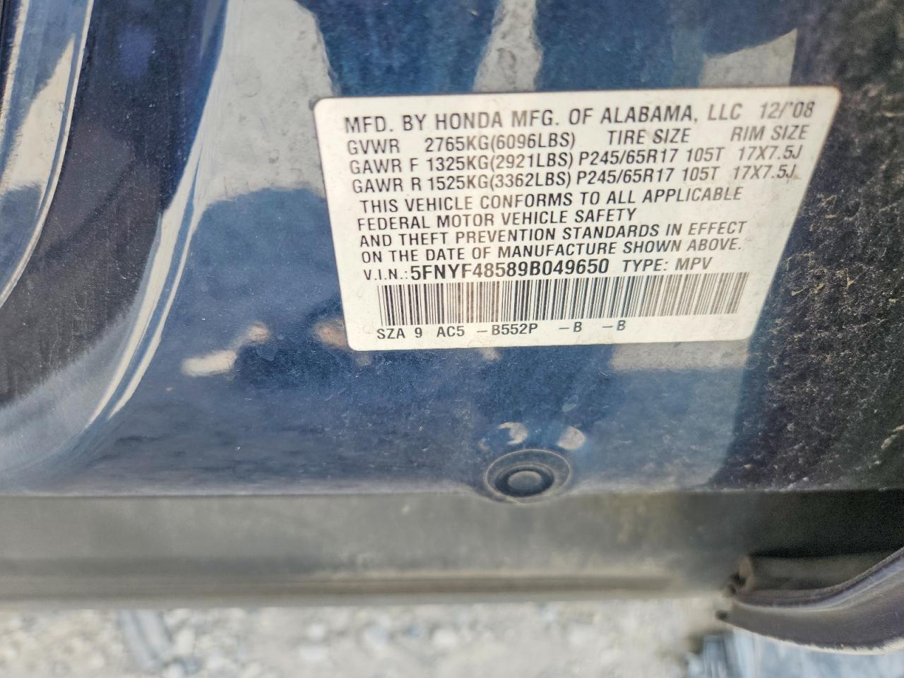 2009 Honda Pilot Exl Blue vin: 5FNYF48589B049650