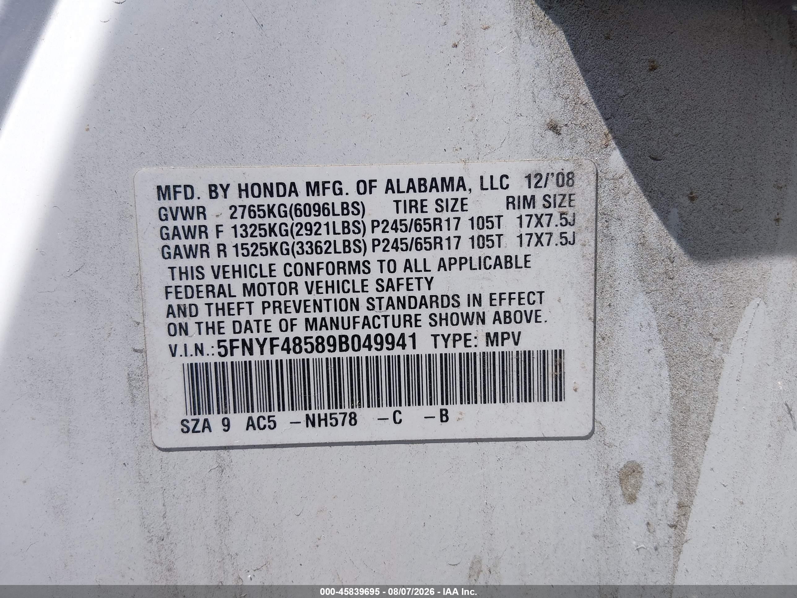 2009 Honda Pilot Ex-l Белый vin: 5FNYF48589B049941