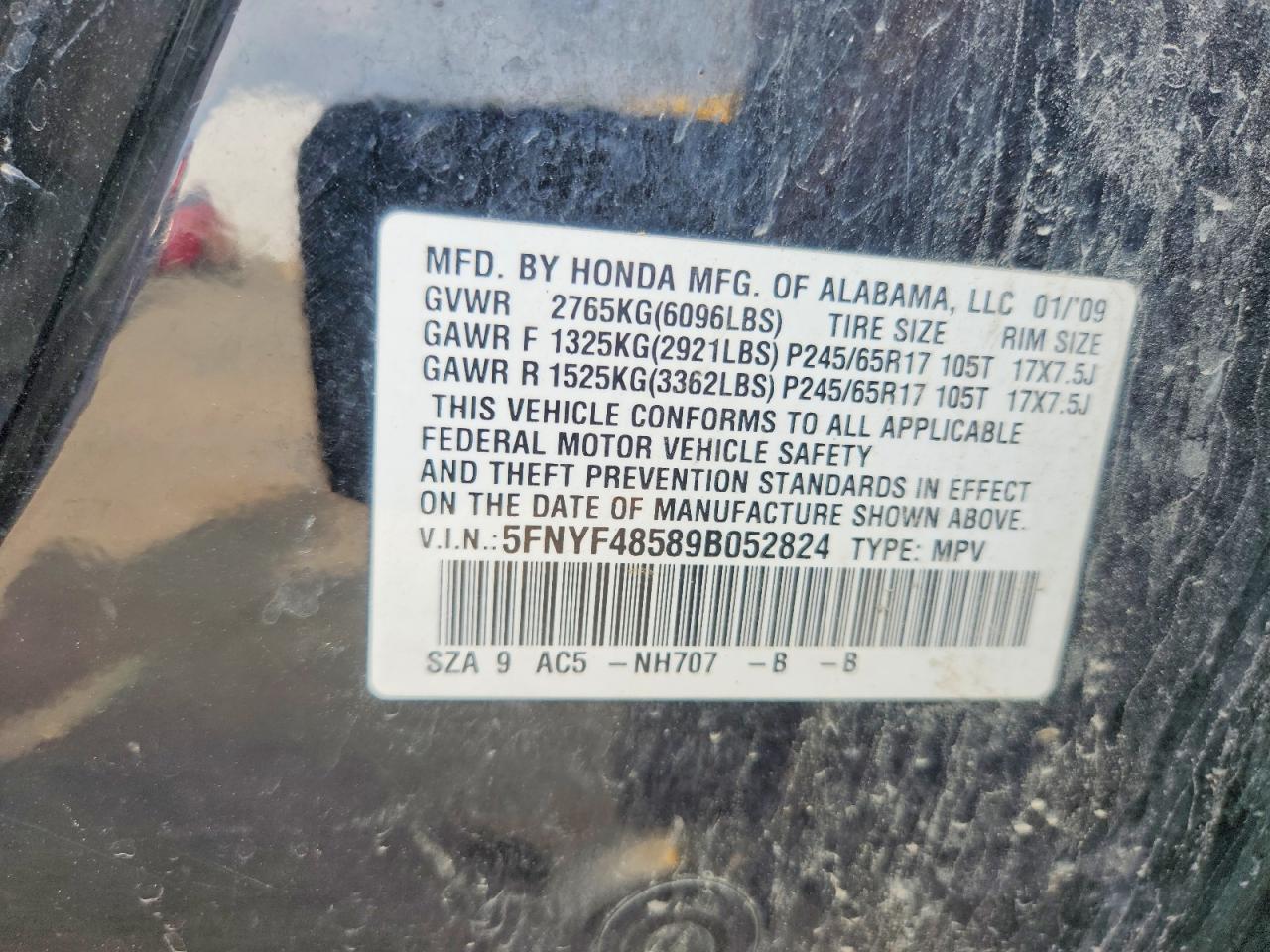 2009 Honda Pilot Exl Black vin: 5FNYF48589B052824
