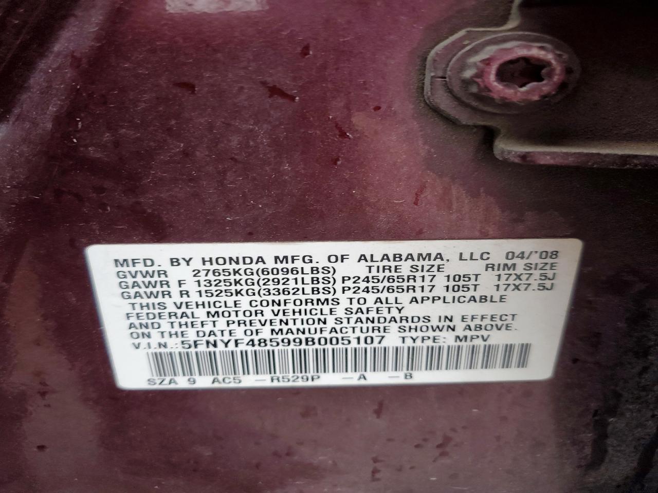 2009 Honda Pilot Exl Red vin: 5FNYF48599B005107
