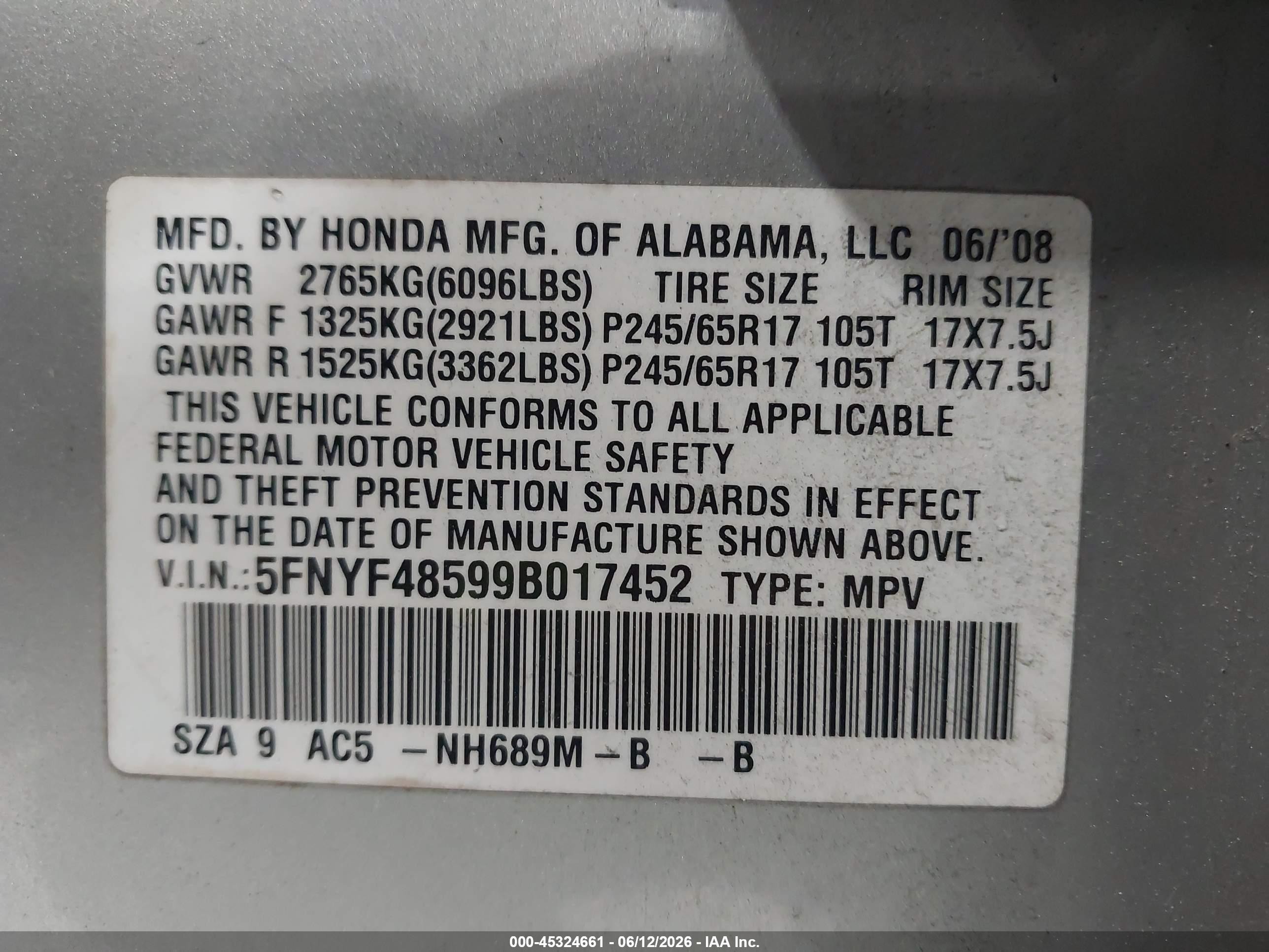 2009 Honda Pilot Ex-l Silver vin: 5FNYF48599B017452