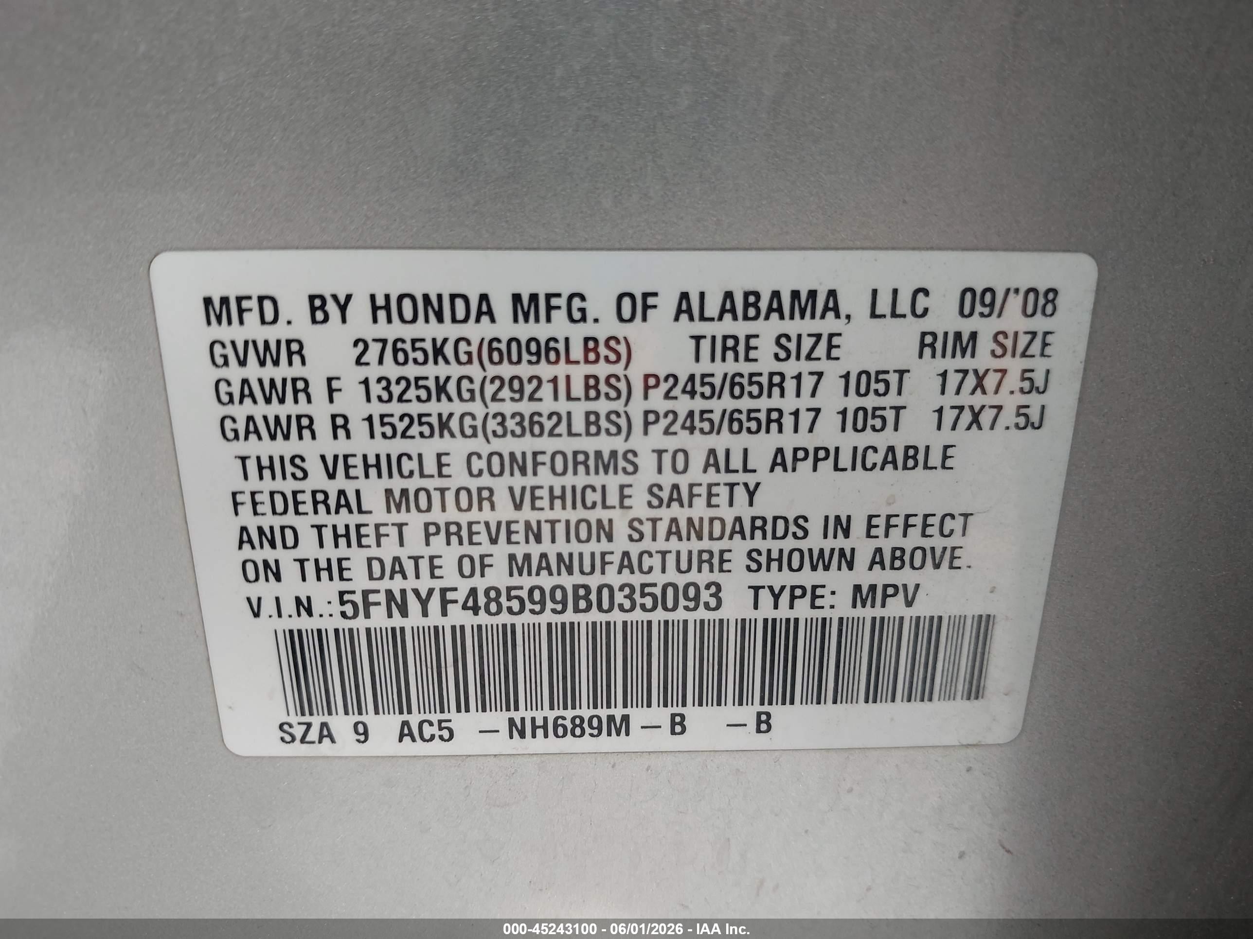 2009 Honda Pilot Ex-l Silver vin: 5FNYF48599B035093