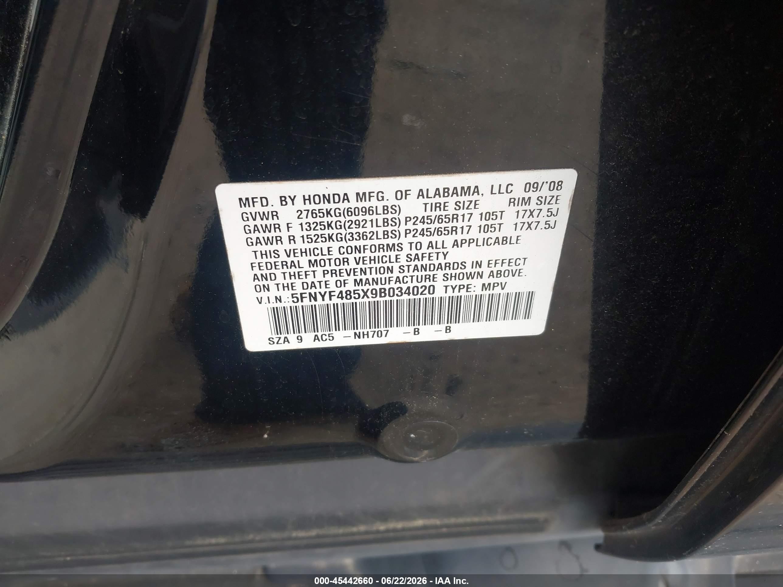 2009 Honda Pilot Ex-l Black vin: 5FNYF485X9B034020
