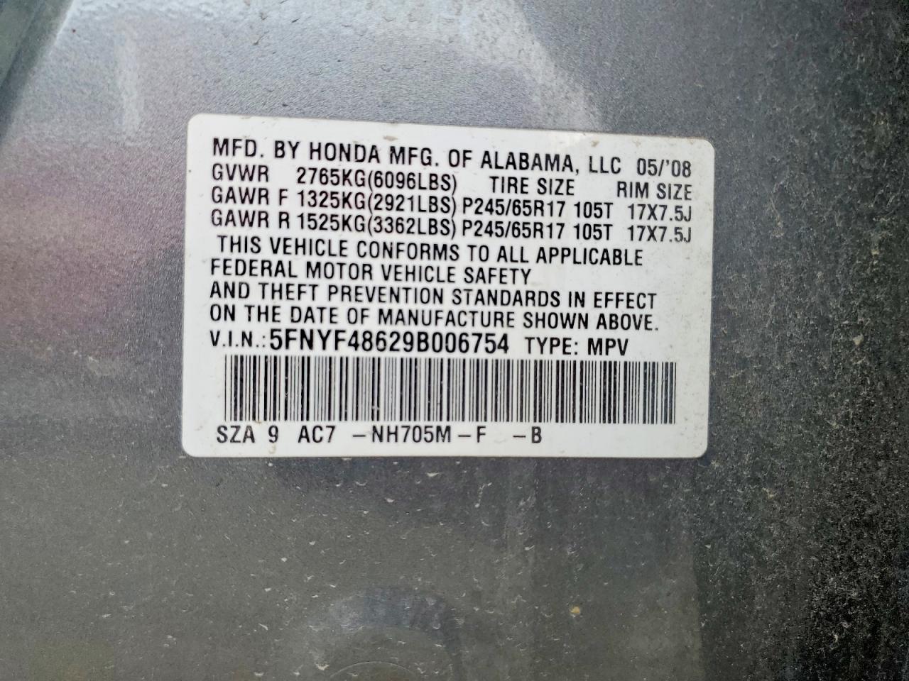 2009 Honda Pilot Exl Gray vin: 5FNYF48629B006754