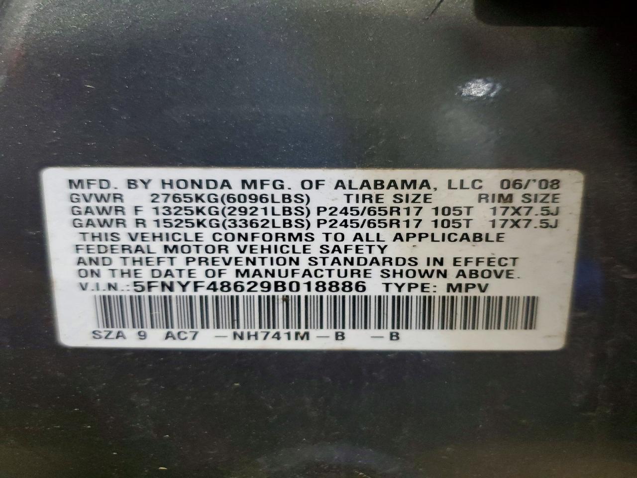 2009 Honda Pilot Exl Серый vin: 5FNYF48629B018886