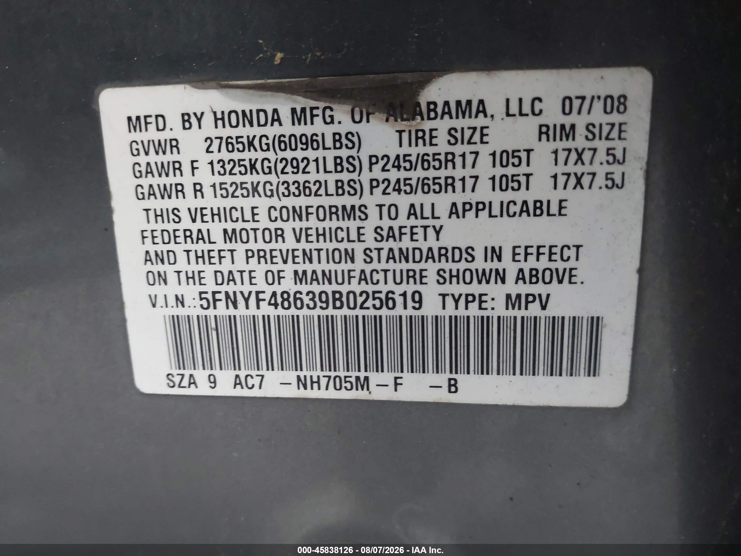 2009 Honda Pilot Ex-l Серый vin: 5FNYF48639B025619