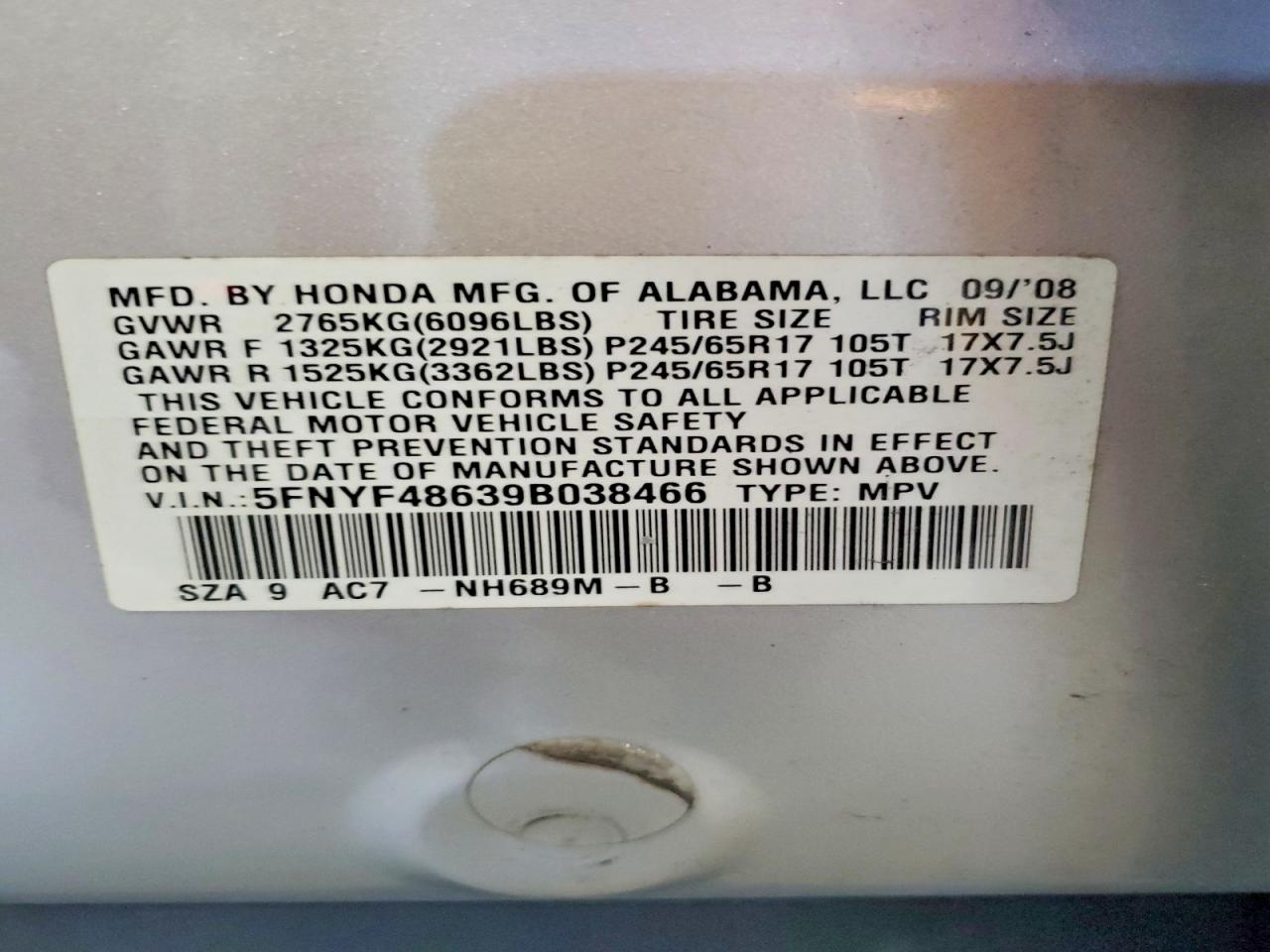 2009 Honda Pilot Exl Silver vin: 5FNYF48639B038466