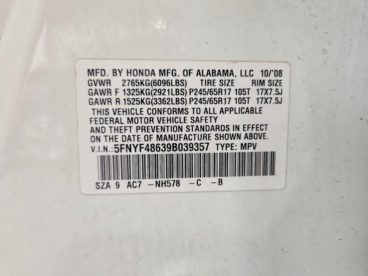 2009 Honda Pilot Exl White vin: 5FNYF48639B039357