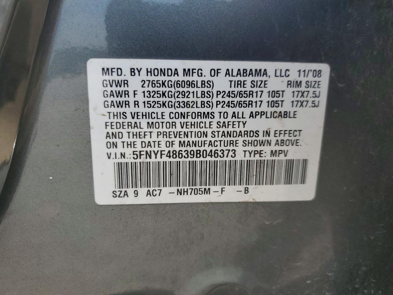 2009 Honda Pilot Exl Charcoal vin: 5FNYF48639B046373
