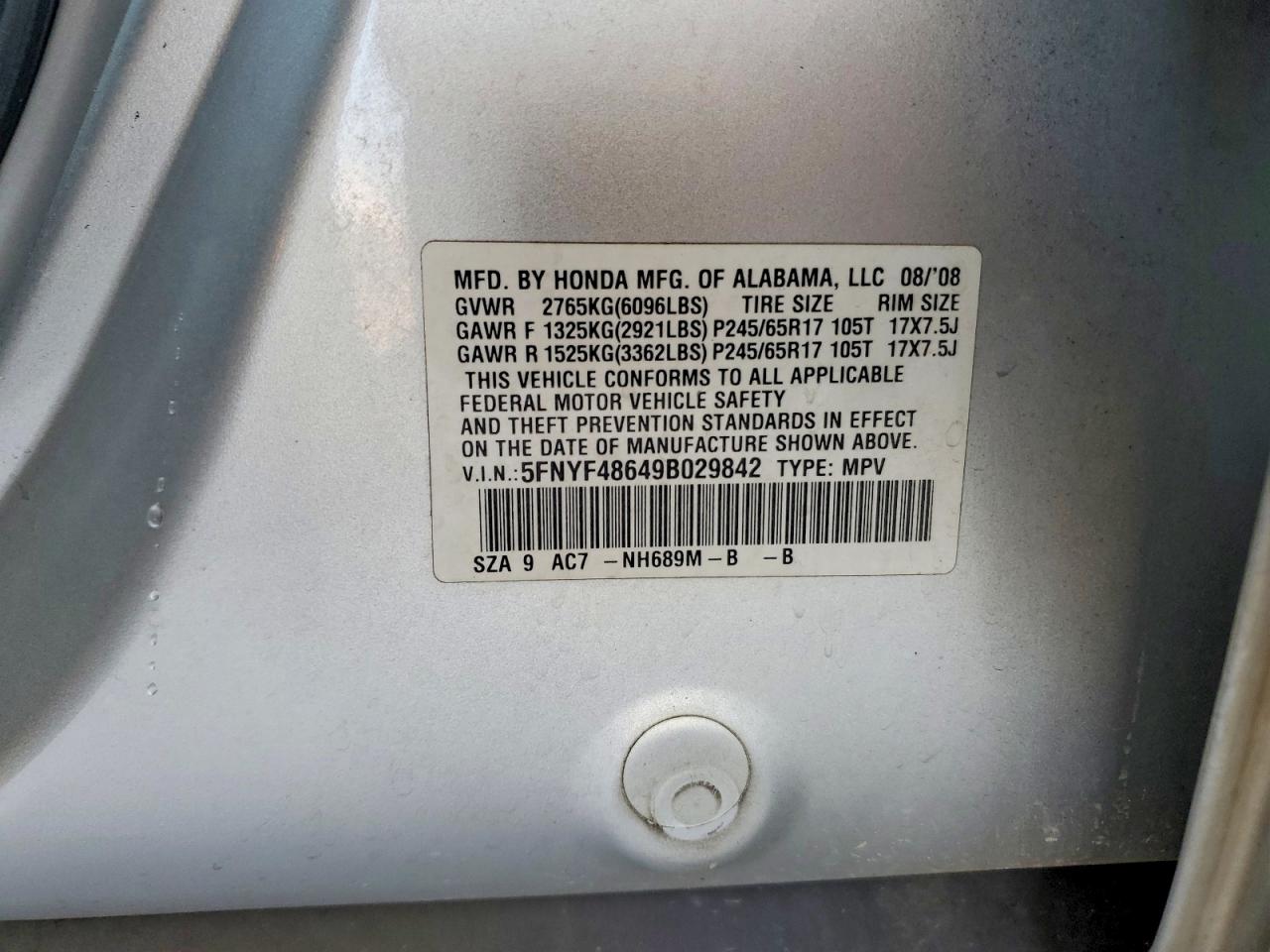 2009 Honda Pilot Exl Серебряный vin: 5FNYF48649B029842