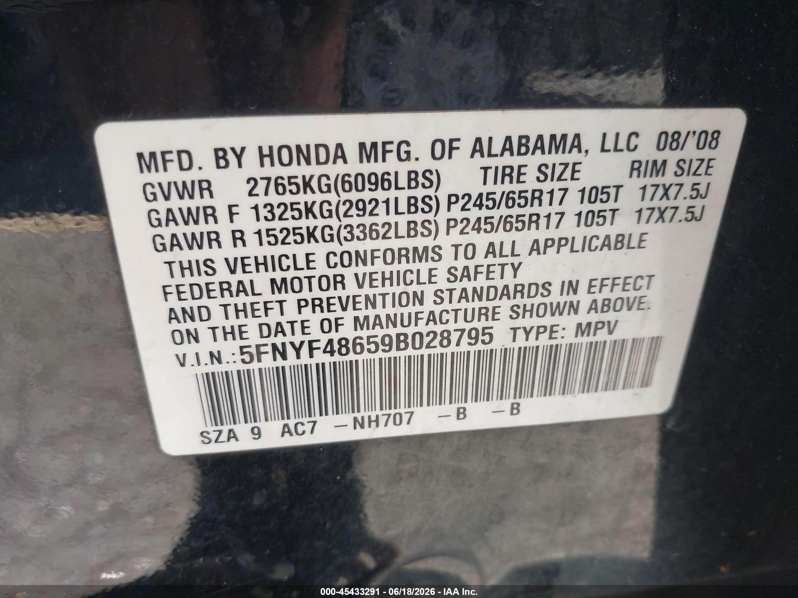 2009 Honda Pilot Ex-l Black vin: 5FNYF48659B028795