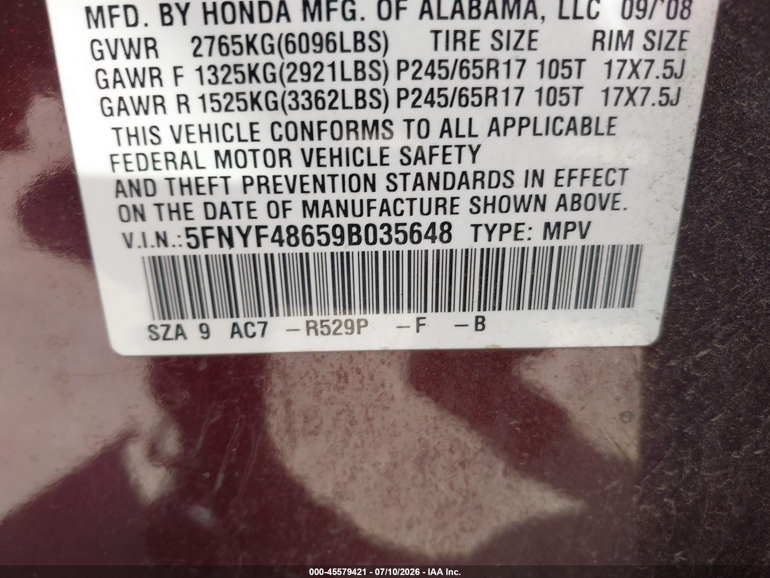 2009 Honda Pilot Ex-l Maroon vin: 5FNYF48659B035648