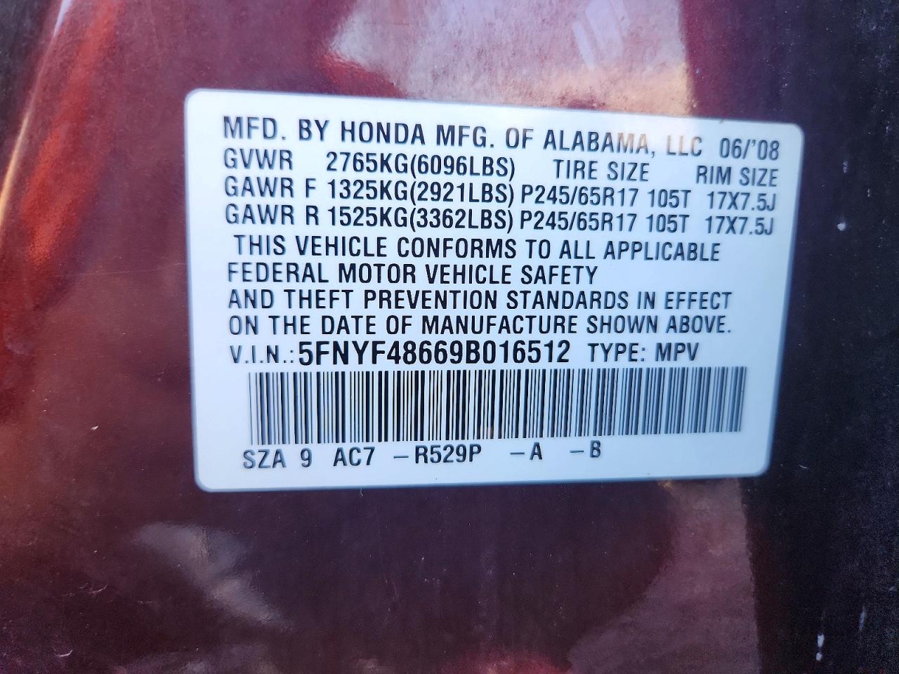 2009 Honda Pilot Exl Burgundy vin: 5FNYF48669B016512