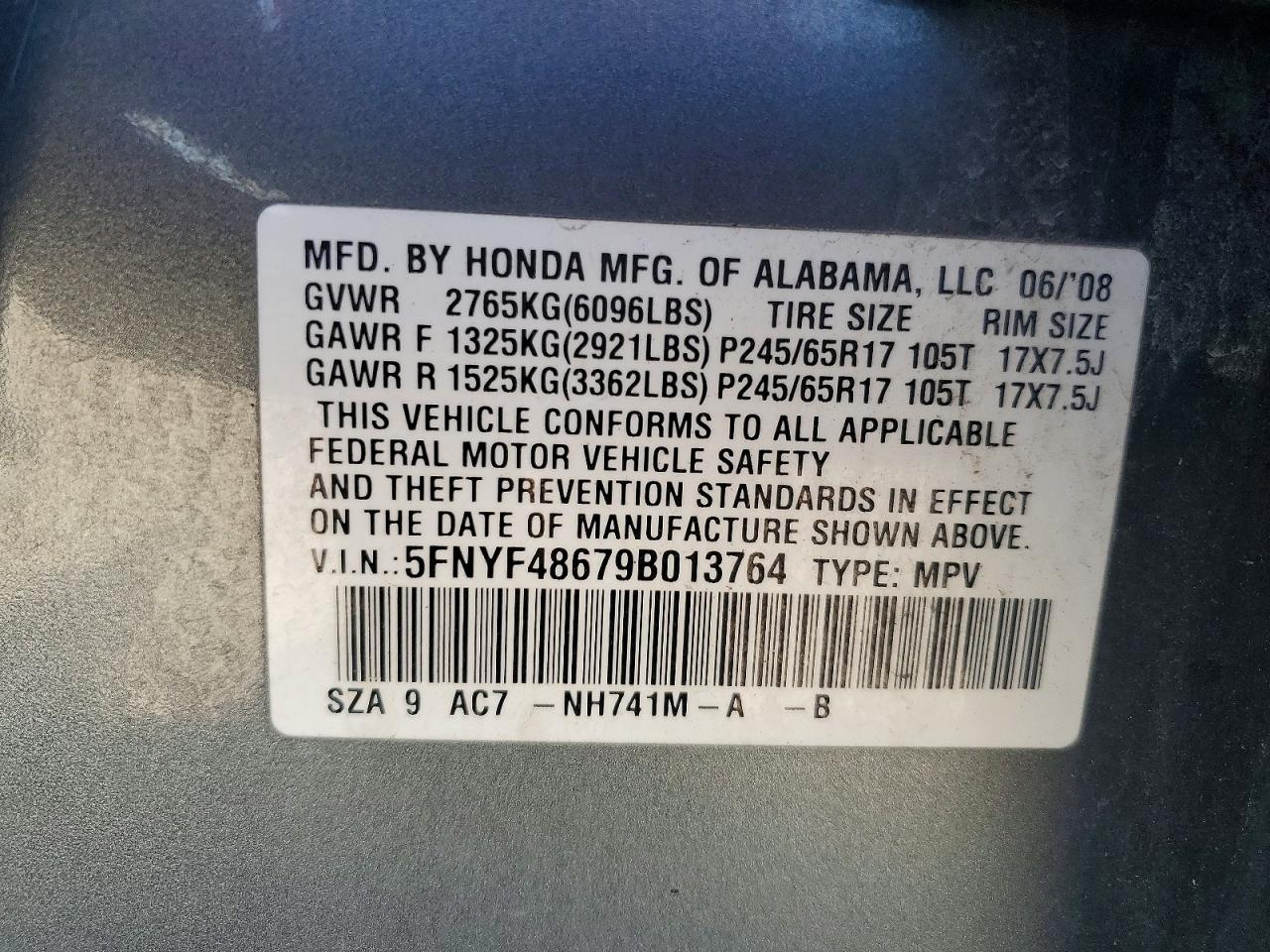 2009 Honda Pilot Exl Gray vin: 5FNYF48679B013764