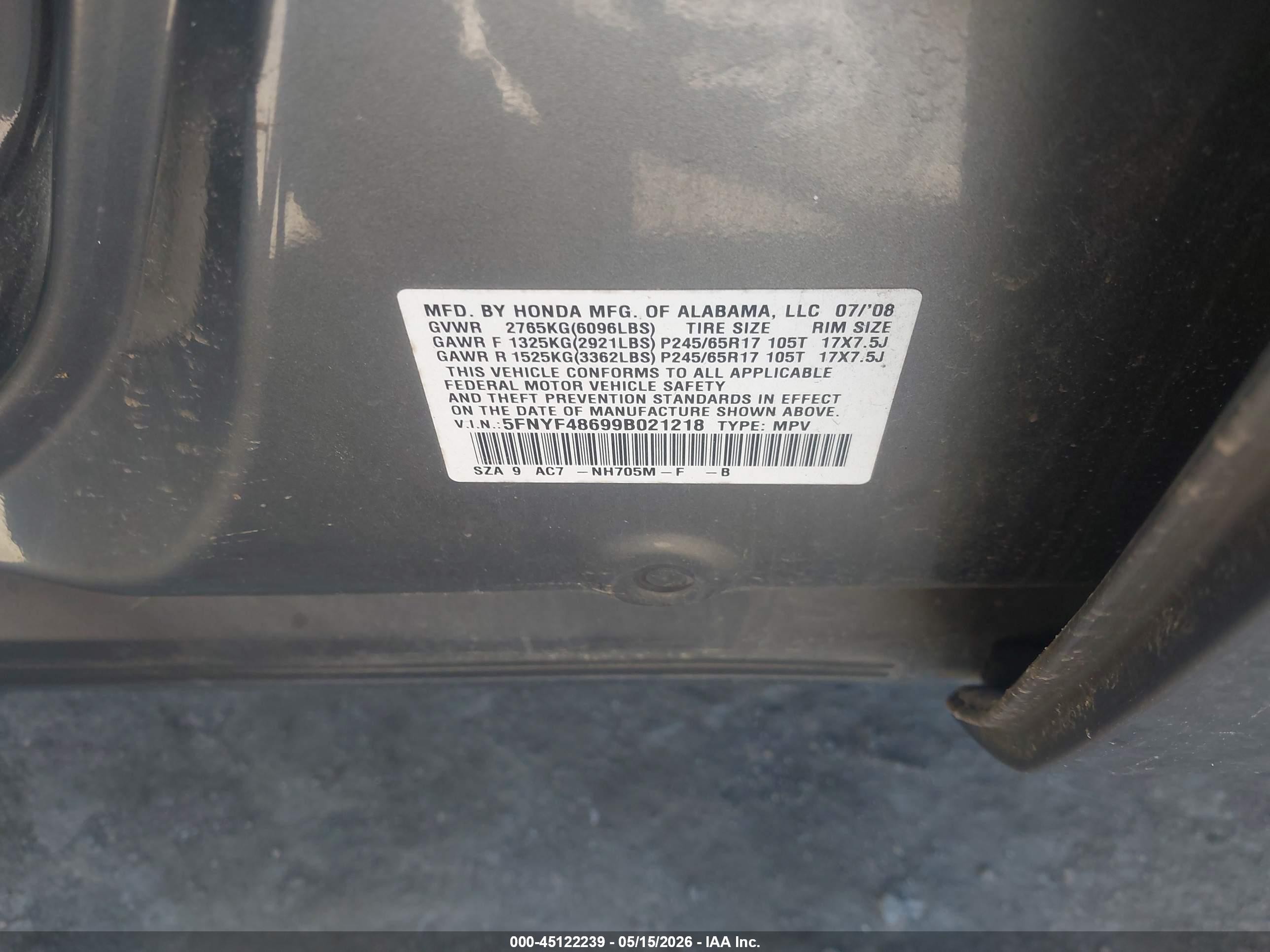 2009 Honda Pilot Ex-l Gray vin: 5FNYF48699B021218
