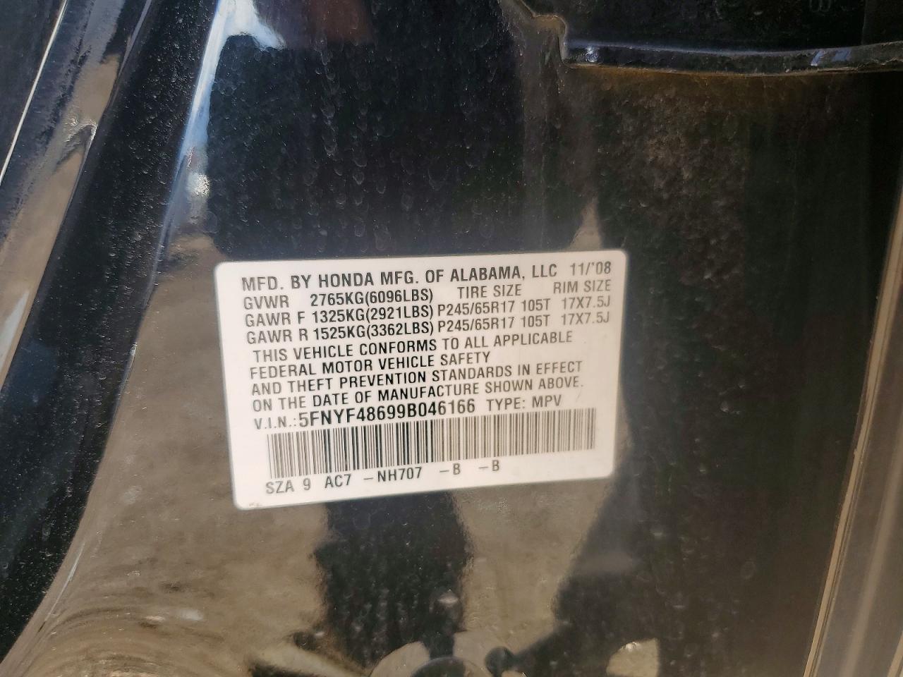 2009 Honda Pilot Exl Черный vin: 5FNYF48699B046166